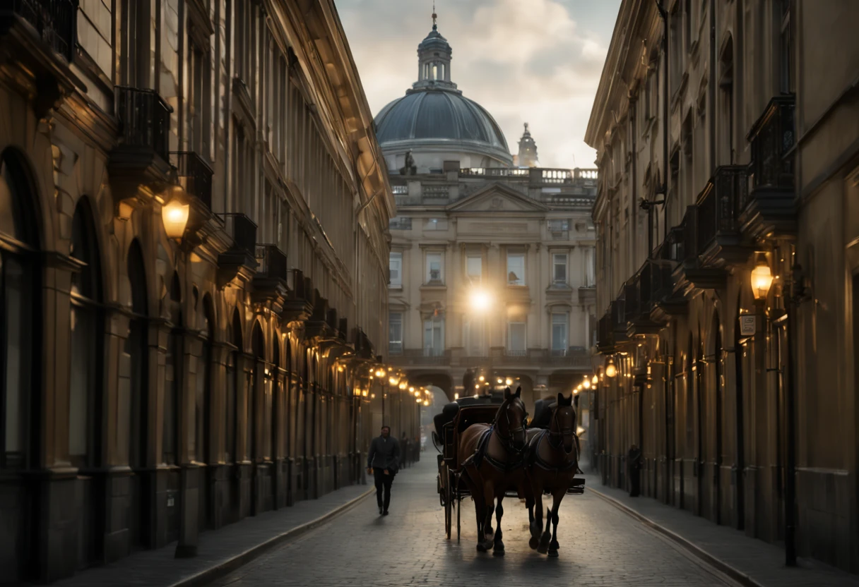 (((view from behind a (rhythmical arched arcades):1.2)),diagonal image compositing, In the street ((some people) walking: 1.2)) and (stunning horses pulling fancy carriages: 1.2)), realistic perfect human faces, highly detailed facial features, lifelike human skin textures, early in the morning,(( soft volumetric lighting )), wind blows,(city skyline), ((natural light spreads on the houses on the ((square of the town: 1.2))), (opened windows), intricate detailed architectonical decorated elements and statues on the buildings, In a long part of the street ((golden light beams spread over: 1.2)) like a ((bridge)),(((the bottom of the sky is crimson colored)), ((view point variations)), intricate details, photorealism, photorealistic, hyperrealism, ultra realistic, lifelike textures, neutral colors, cinematic lighting, dramatic lighting, soft front light, sharp focus, wide angle, film grain, dslr, raw photo,