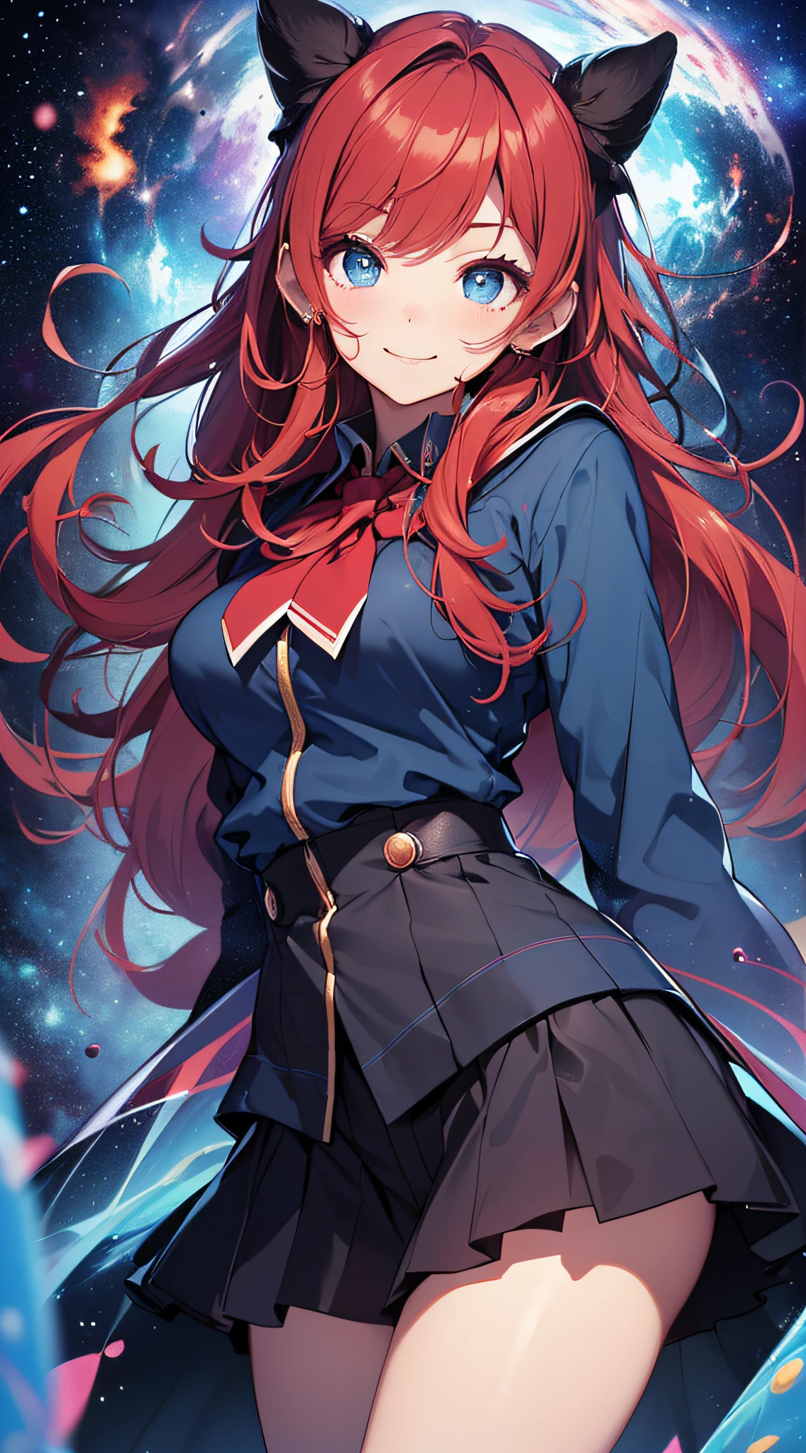 top-quality、Top image quality、​masterpiece、girl with((sixteen years old、teen ager、cute little、Best Bust、big bast,Beautiful blue eyes、Breasts wide open, Dark hair、red hairs、Longhaire、A slender,Large valleys、,black and school uniform、A smile、floating state、blue cloak、)),hiquality、Beautiful Art、Background with((cosmic space、weightless、floating state)))、,masutepiece、visualart、depth of fields、