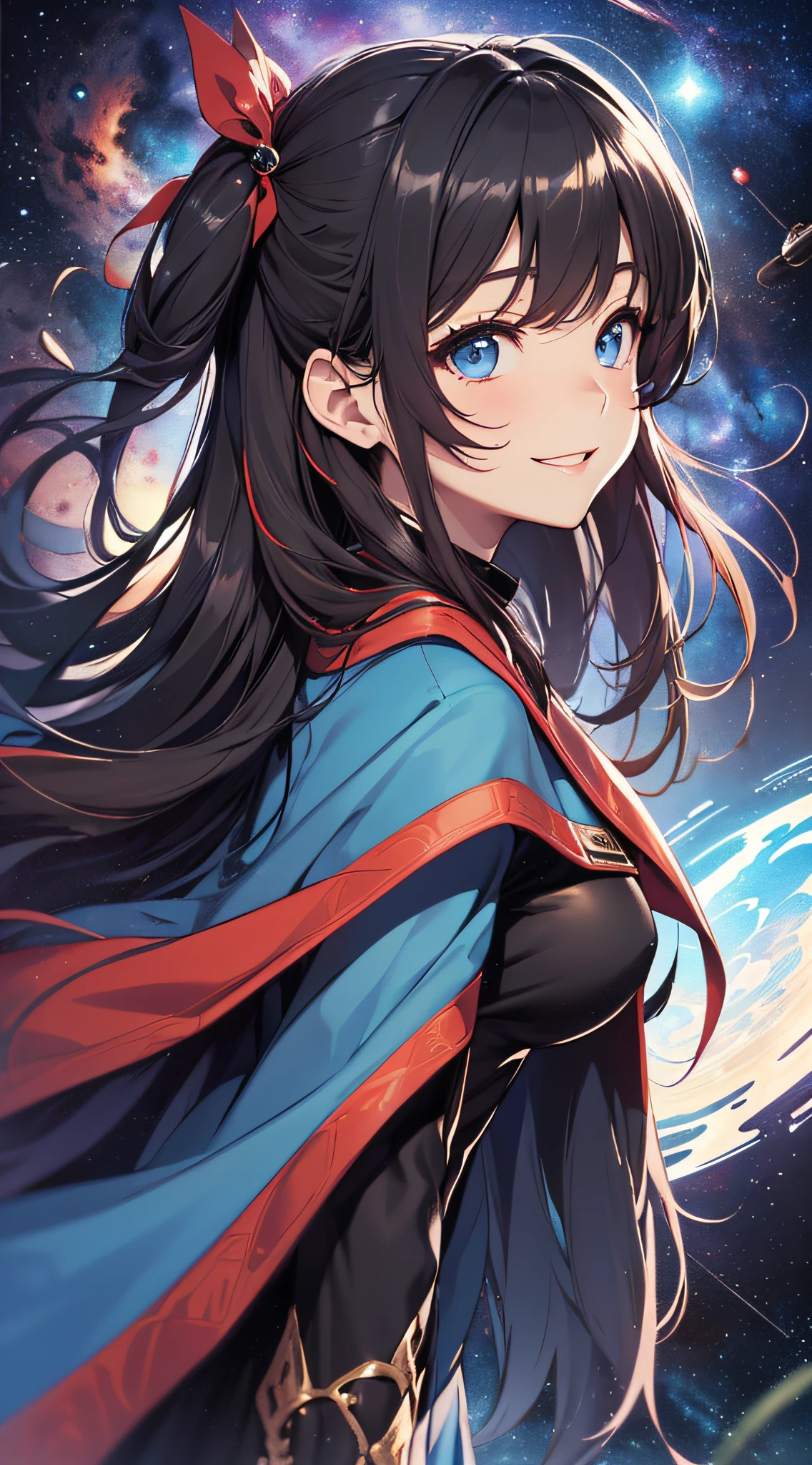 top-quality、Top image quality、masterpiece、girl with((sixteen years old、 ager、cute little、Best Bust、big bast,Beautiful blue eyes、Breasts wide open, Dark hair、red hairs、Longhaire、A slender,Large valleys、,black and school uniform、A smile、floating state、blue cloak、)),hiquality、Beautiful Art、Background with((cosmic space、weightless、floating state)))、,masutepiece、visualart、depth of fields、