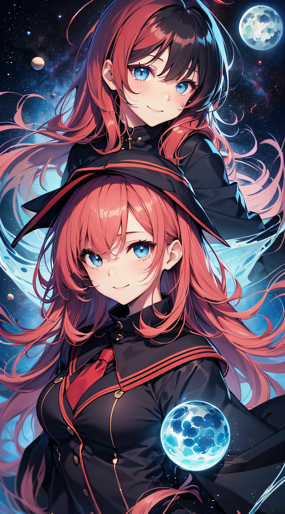 top-quality、Top image quality、masterpiece、girl with((sixteen years old、teen ager、cute little、Best Bust、big bast,Beautiful blue eyes、Breasts wide open, Dark hair、red hairs、Longhaire、A slender,Large valleys、,black and school uniform、A smile、floating state、blue cloak、)),hiquality、Beautiful Art、Background with((cosmic space、weightless、floating state)))、,masutepiece、visualart、depth of fields、