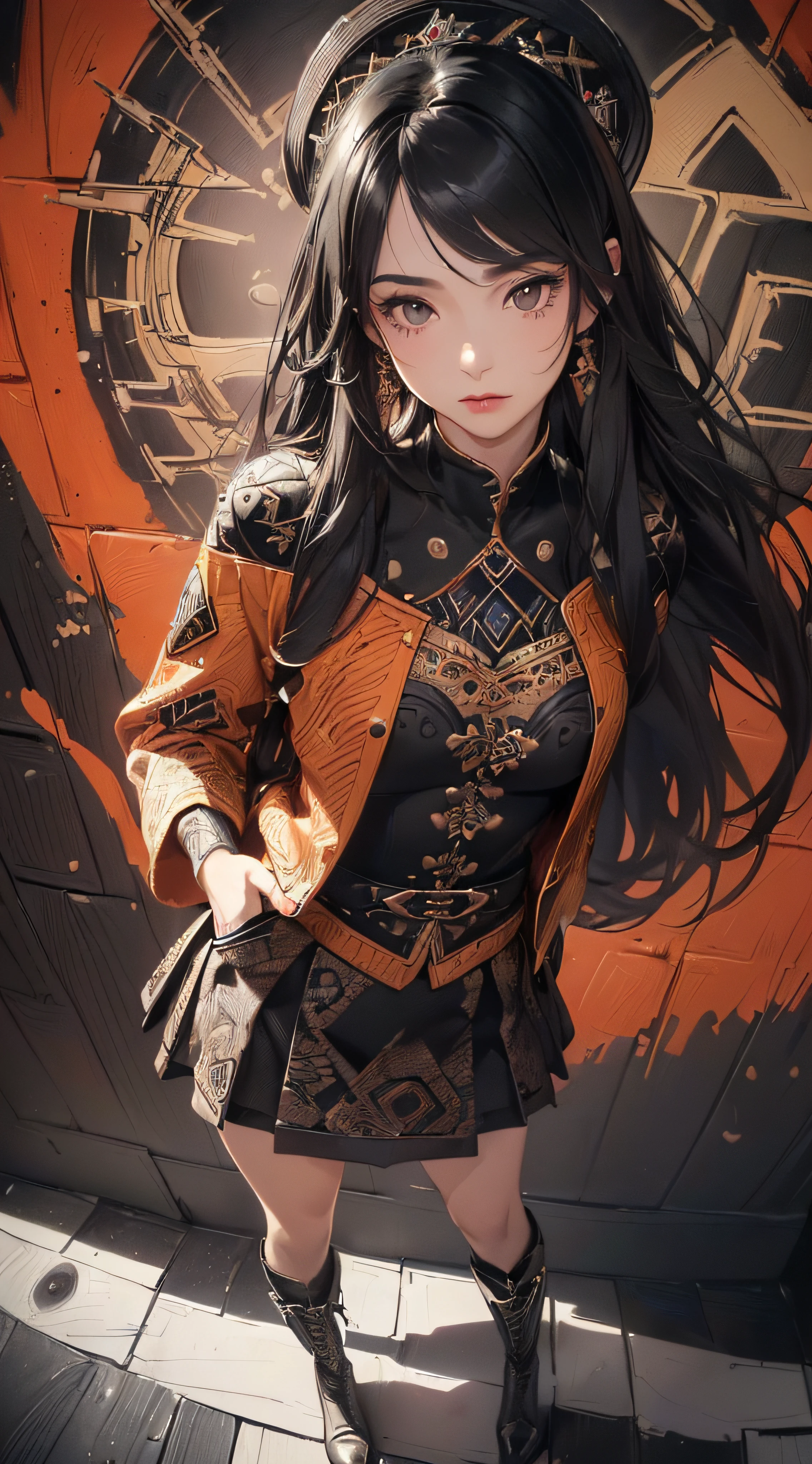 (((8k wallpaper of extremely detailed CG unit:1.2, masterpiece, hight resolution:1.2, top-quality:1.2, masutepiece))), ((a very beautiful woman, Hands in pockets:1.8, Grunge Fashion:1.2, wear a blouson:1.2, wearing skirt, wearing tights and boots)), ((extra detailed face, Highly detailed black eyes:1.2, extra detailed body, Top quality real texture skins)), (A dark-haired, length hair, de pele branca, Small:1.2), ((Colorful geometric patterns are painted all over the wall., Colorful wall)), (high-angle:1.2, a closeup, Fisheye:1.3), hyper realisitic, digitial painting,