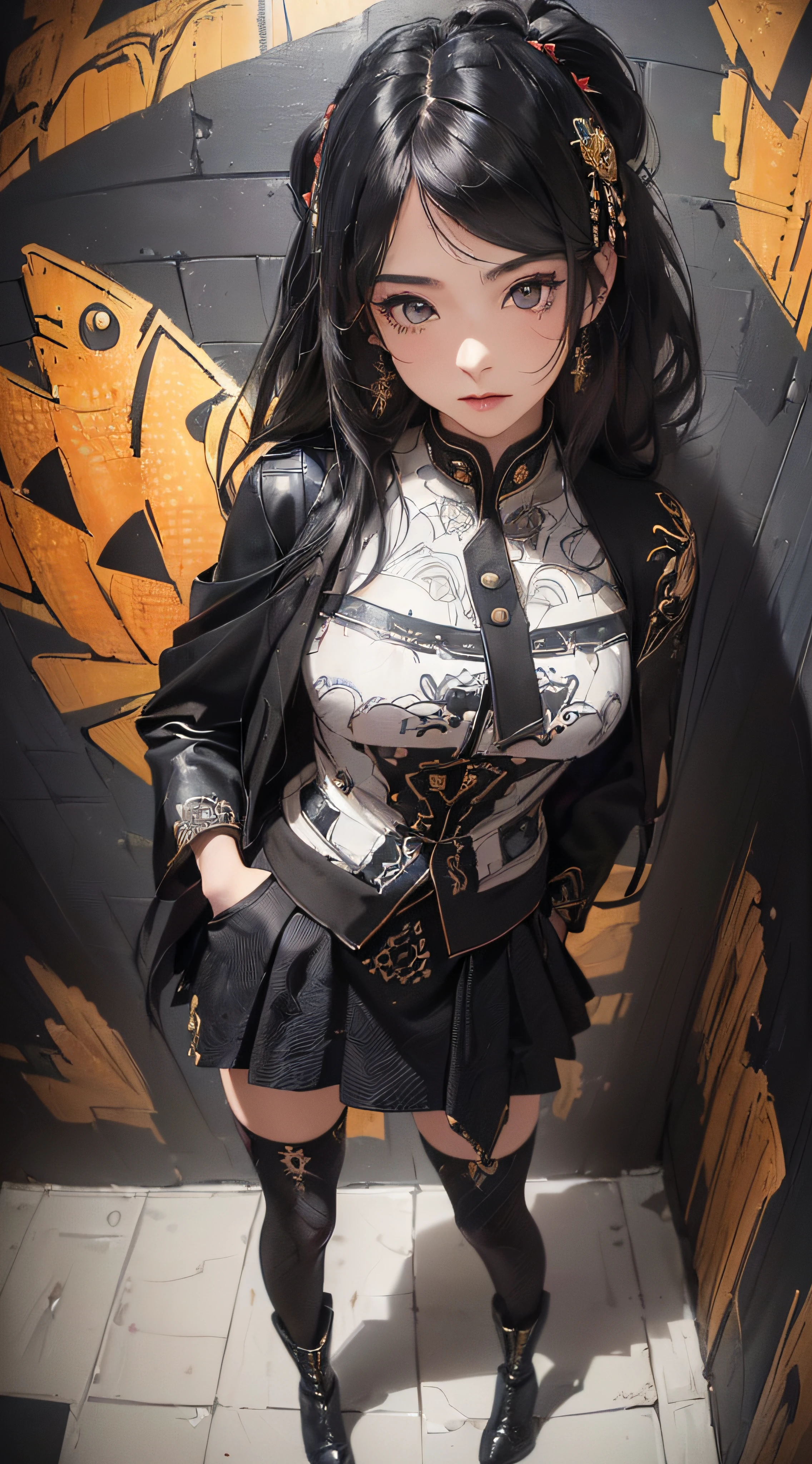 (((8k wallpaper of extremely detailed CG unit:1.2, ​masterpiece, hight resolution:1.2, top-quality:1.2, masutepiece))), ((a very beautiful woman, Hands in pockets:1.8, Grunge Fashion:1.2, wear a blouson:1.2, wearing skirt, wearing tights and boots)), ((extra detailed face, Highly detailed black eyes:1.2, extra detailed body, Top quality real texture skins)), (A dark-haired, length hair, de pele branca, Small:1.2), ((Colorful geometric patterns are painted all over the wall., Colorful wall)), (high-angle:1.2, a closeup, Fisheye:1.3), hyper realisitic, digitial painting,