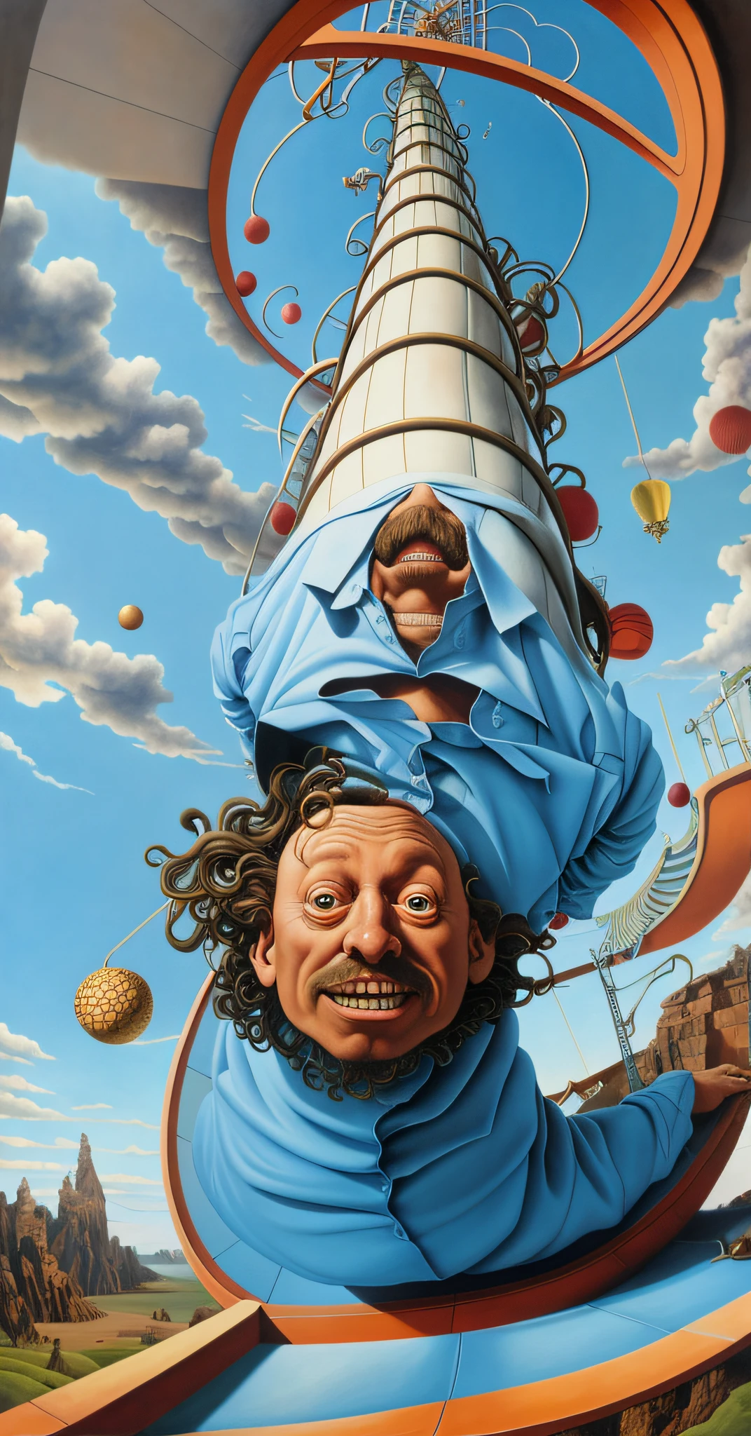 A painting of a man upside down on top of a huge object, jacek yerka and vladimir kush, Michael Horse (Unreal Engine, highly detailed surrealist art, Jim Warren and Rob Gonsalves, Illusion surrealist art, inspired by Jacek Yerka, Magical Realism Strange Art, Surreal art, surrealistic painting, Satirical painting, pop - surrealism