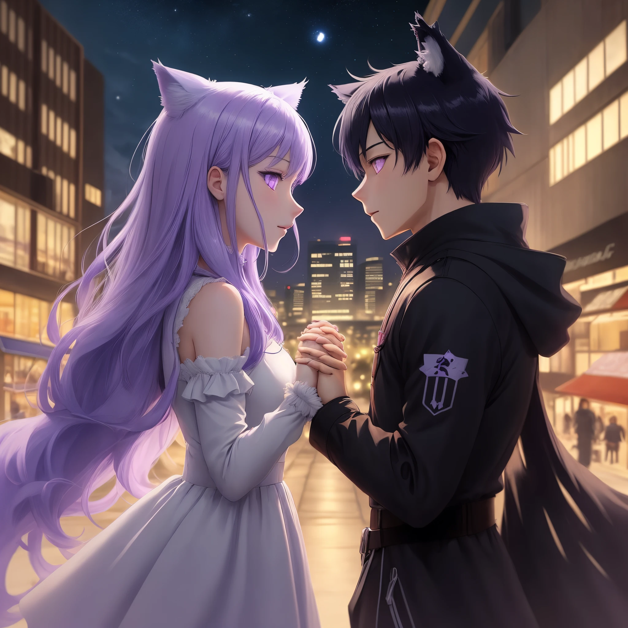 Draw two anime characters touching their hands while looking at each other and in the background a city at night with a purple star at the top, the character on the left is a girl with wolf ears and claws, on the right is a boy with purple eyes and bluish black horses.