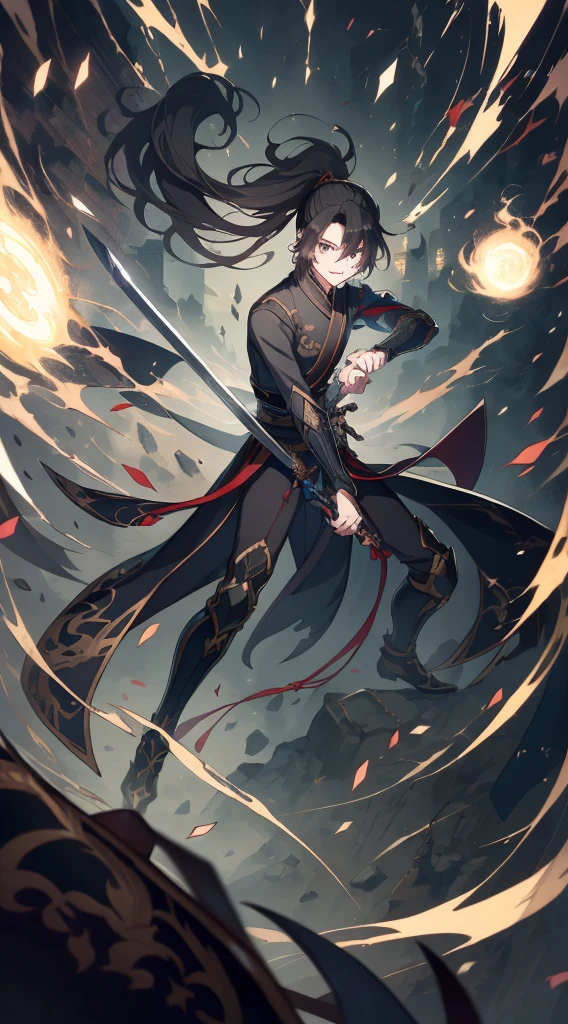 （Huang Li，A high resolution，ultra - detailed），tmasterpiece，Best quality at best，Boys with long hair and high ponytail，with sword，独奏，Handsome，Short hair details，black hair color hair，Detailed faces，Fighting posture，attack pose，（longer sleeves）Sword holding posture，dramatic scene，swirles，spark of light，swirls of magic