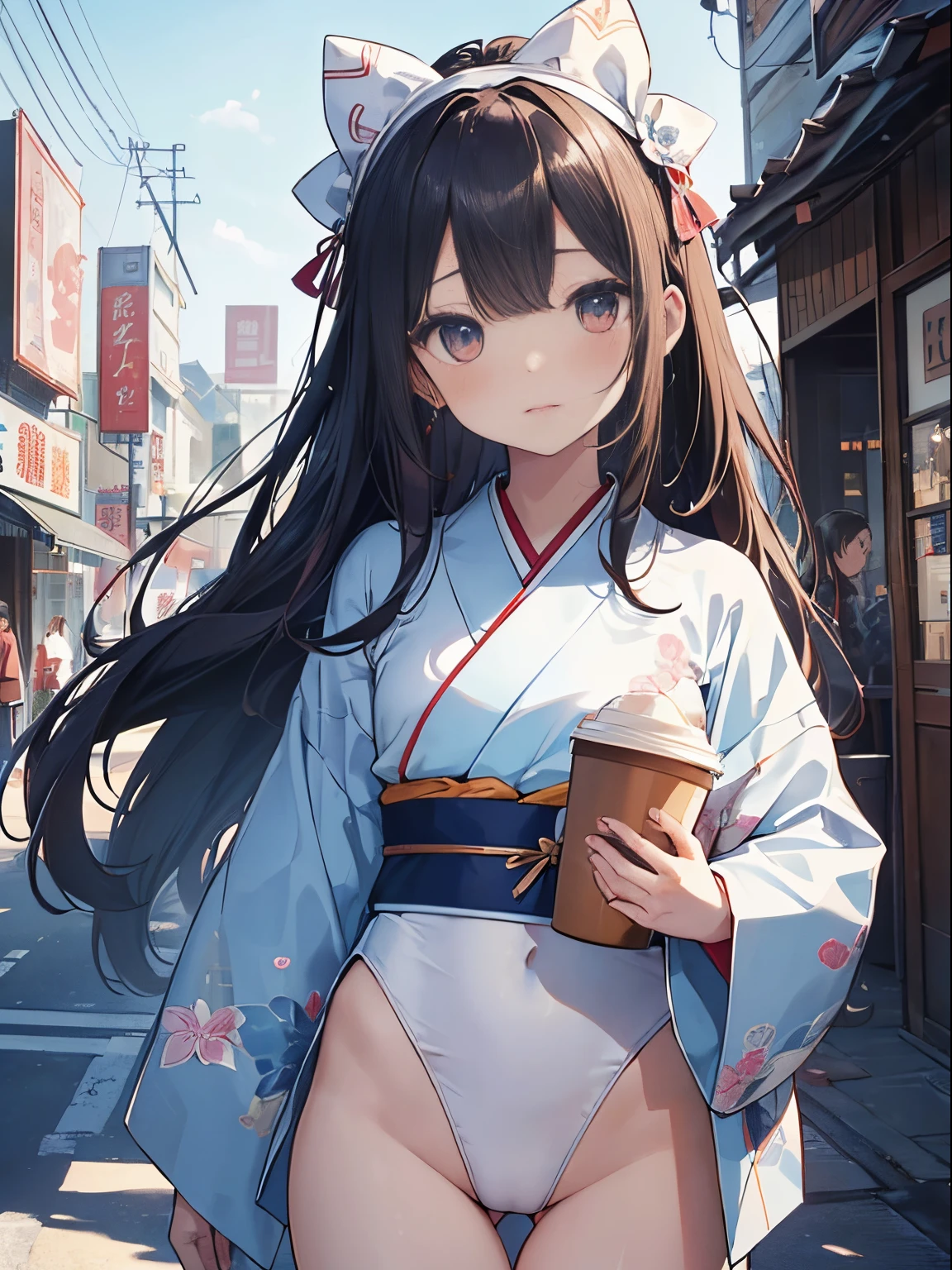 ((2D Beautiful Girl:1.5、top-quality:1.5、perfect fingers:1.1、perfect anatomia:1.1、Perfect outfit、Beautiful illustration))、cute petit girl、(transform sequence)、((cute decorative headband、A cute white and blue kimono-style leotard))、8years old、Solio、Fractal Art、baby-face、((stright long hair))、Beautiful big drooping eyes、Red in the face and embarrassed、(full-shot)、((1人))、Japanese style coffee shop in the background、A dark-haired、Standing facing the front