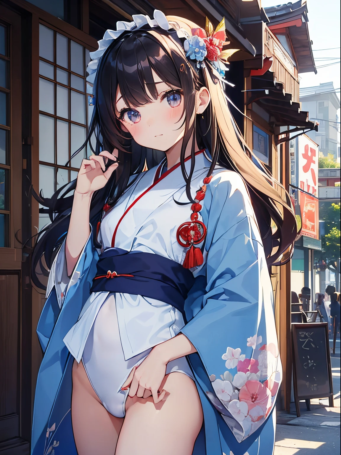 ((2D Beautiful Girl:1.5、top-quality:1.5、perfect fingers:1.1、perfect anatomia:1.1、Perfect outfit、Beautiful illustration))、cute it girl、(transform sequence)、((cute decorative headband、A cute white and blue kimono-style leotard))、8yea old、Solio、Fractal Art、baby-、((stt long hair))、Beautiful big drooping eyes、Red in the face and embarrassed、(full-shot)、((1人))、Japanese style coffee shop in the background、A dark-haired、Standing facing the front