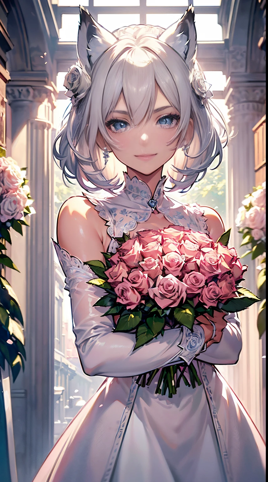 (((masterpiece))), (((highest quality))), ((ultra-detailed)), ((super fine illustration)), ((ultra-fine painting)), (upper body:1.2), Highly detailed and delicate illustration style, detailed skin texture, detailed cloth texture, detailed rose texture, detailed wood texture, extreme detailed description, (T-masterpiece), ((highly detailed face)), original, raw photo, professional, Intricate details, super details, intricate ornament details, perfect ???????, (16-year-old), real, (Solo), (A very beautiful and cute silver fox princess with blue eyes) BRAKE ((beautiful silver fox ears)), (beautiful silver fox tail), Beautifully shaped small breasts, Beautifully shaped small buttocks, (beautiful and shiny short silver hair:1.1), (Beautiful clear blue eyes:1.1), (detailed beautiful clear eyes:1.6), (Smile:1.2), Standing, Celebration, beautiful hands and fingertips BRAKE (Highly detailed and delicate luxurious but understated princess dress to wear at a festive occasion:1.2) BRAKE ((Holding in both hands a large bouquet of highly detailed and delicate ((white and pink roses)):1.2)), BRAKE (Daytime sun), Celebration, ((Highly detailed and delicate white rose and pink rose garden background:1.2)), (Highly detailed and delicate royal palace courtyard background in early afternoon in spring), (8K highest quality wallpaper), (Highly detailed and delicate background:1.2) BRAKE