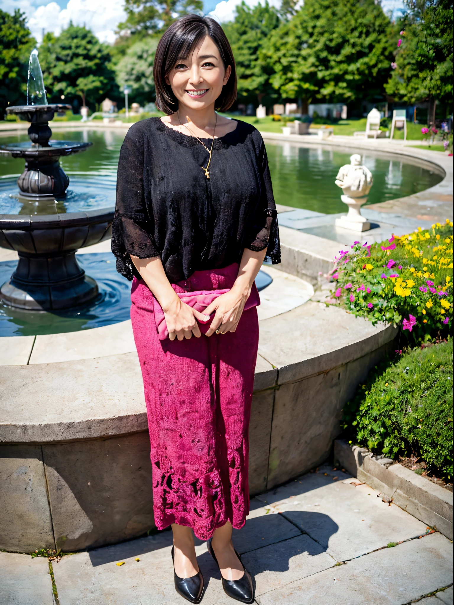 Woman standing in front of a park fountain waiting for me..She has her hands behind her back and is holding a handbag.A woman wearing a brightly colored knit and skirt.She is looking up and smiling bewitchingly. J-cup tits, looks like Hitomi Kuroki.Natural wrinkles. Wrinkles at the corners of the eyes. fleshy feeling. highest quality.Mature, 45 years old.bewitching smile.woman of good style.Temptation.Looking Camera.Black hair,Perfect fingers.top of the highest quality ,realisitic、hight resolution