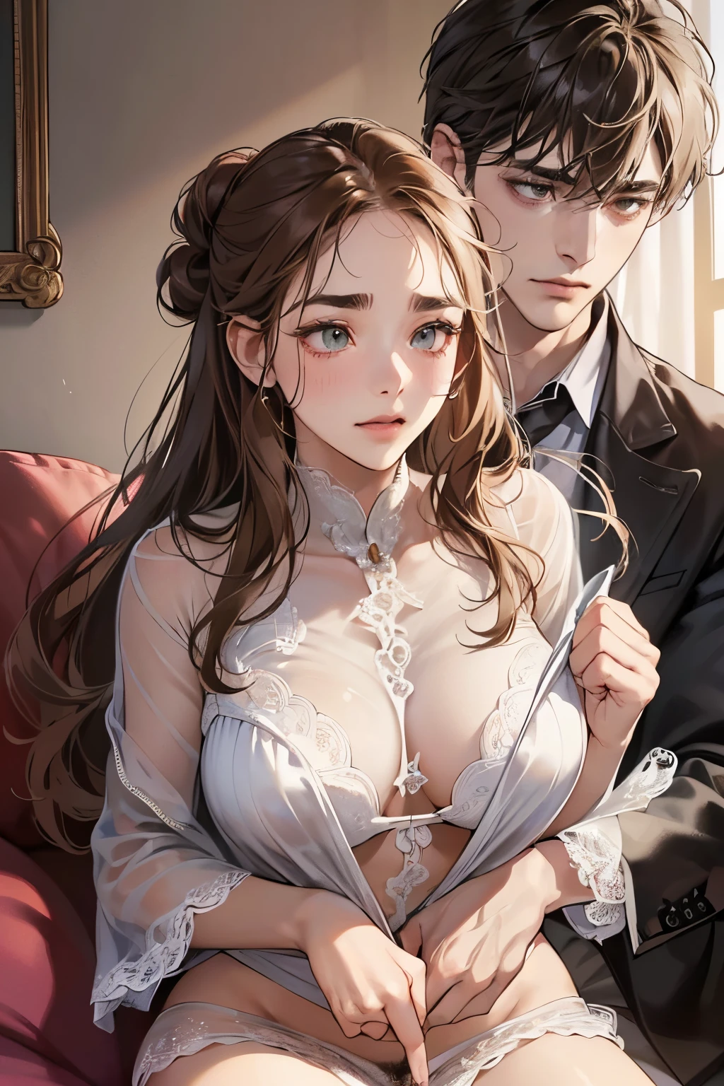(masutepiece, Digital Art, Digital Illustration, 4K, 8K, Ultra-detailed, beautiful image, Sharp Image, Photorealistic, Raw photo, Perfect face, Perfect lines, Perfect eyes, Soft lighting) 1 woman, (lightbrown hair,Chignon hair in a high position,Innocent look,Lowered eyebrows,drooping eyebrows,drooing eyes,cute large eyes,natural make up,kindly smile,Round jaws,23 year old petite woman:1.3),Two handsome men in suits, (ember,Men in suits,well-muscled,Firm shoulder width,Adult male,Boyish hairstyle,English gentlemanly style,Man in his 30s with a cool expression,28-year-old man with bright smile:1.2),(Nervous,be shy,sleepy,embarrassed from:1.2),innocent smiles,(embarrassed from,Shy smile:1.1),living room full of light、sofas、Double sofa、the kiss、kiss、a couple、couple kissing、Romance、ssex、have sex、Wet pubic area、insert 、Rape、Overflowing、Full body painting,(One Girl And One Man,Having sex:1.5),(ember,Adult male,Rubbing the girl's boobs:1.2),Cheek dyeing、gasping face、embarrassed、boredom、begging、Unhappy、Greedy expression,Wet pubic area、 xen、Open your crotch wide、Cowgirl、Fluttering chest、Wet shirt、Sheer lace underwear、Big Size Shirts