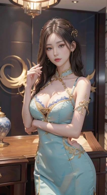 (From the outside) , many colors,best qualtiy,8K,Real Photos,Delicate skin details,tmasterpiece,photos realistic,intricate-detail,RAW photogr,court,Gorgeous cheongsam,extra long hair,cropped shoulders,delicated face,Expose cleavage,ornamented,Perfect Finger,Dissection is correct,(Large room,0.8),shiny skins,Arms on hips