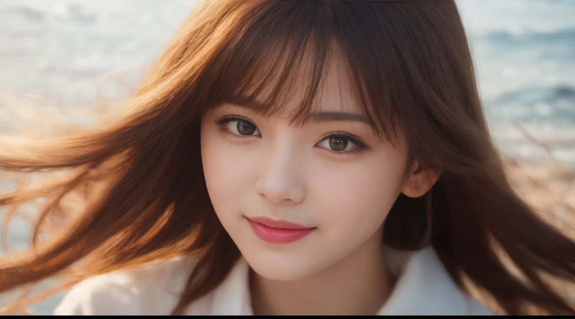 finely detail, hight resolution, hightquality、Perfect dynamic composition, Beautiful detailed eyes, Shorthair, small tits、Natural Color Lip,Kamimei、Shibuya、20 years girl、1 persons、Transparent skin、Glowing hair、masutepiece, Best Quality, Illustration, Ultra-detailed, finely detail, hight resolution, 8K、The correct state of the human body、A smile、Gravure Model Pose,Hair soaring in the wind