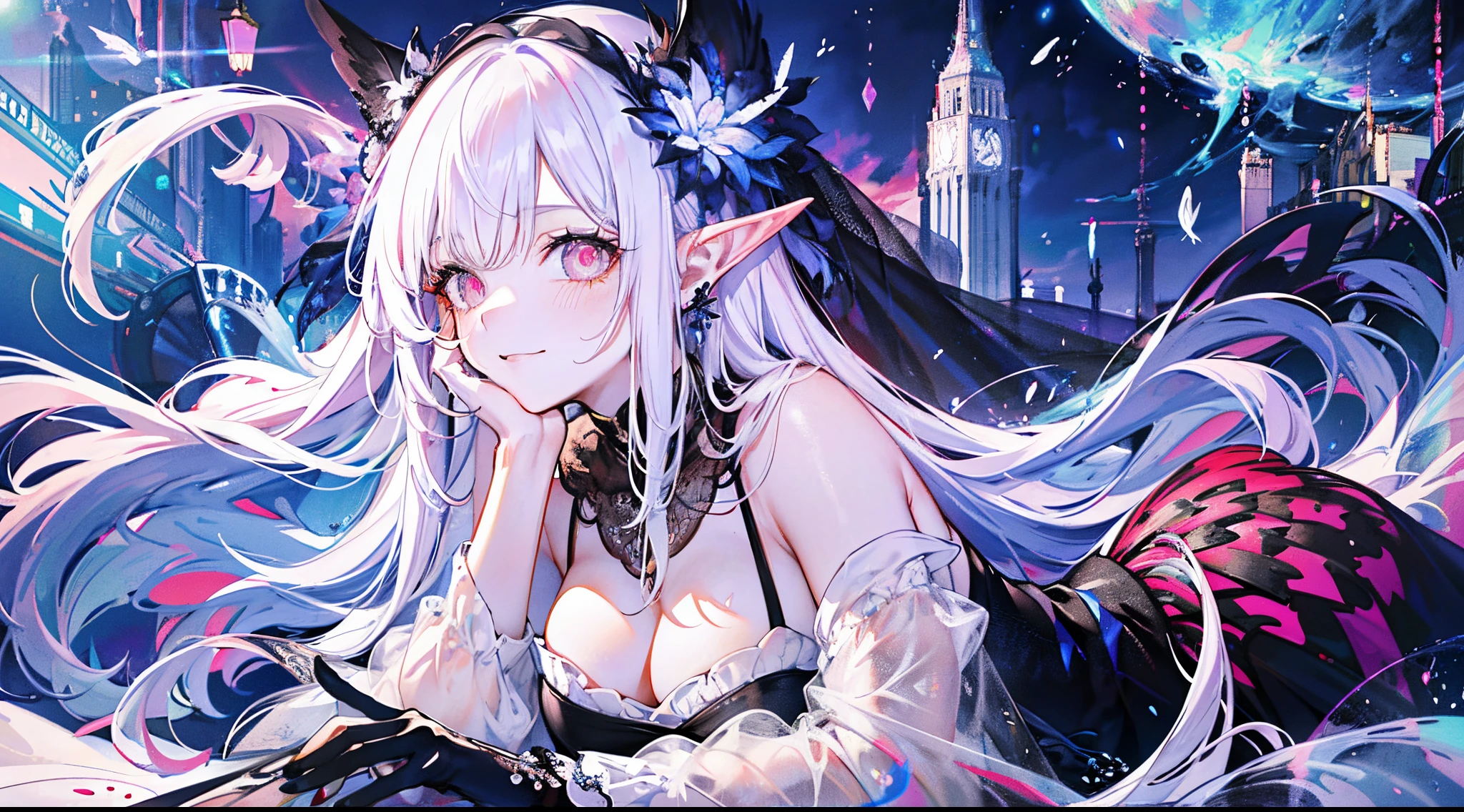 ((tmasterpiece:1.4,Best quality))+,(hyper-detailing)+,(Ultra-detailed eyes)+,(winged ears,pointy ears:1.5),
(cute girls),18yr old,(Red pupils:1.15),cabelos preto e longos,White ponytail,Bushy hair(wariza:1.2),pale-skinned,Seductive smile,crystal,white bird feathers,vacant eyes,
(She wears a conservative black and white dress,red pattern:1.5),(black colored leggings:1.4)The sleeves are long,Red bird feather headdress,Black clouds and snowy mountains,fragment crystallization ,black fingernails,red teardrop,gray cloak,black and white gloves,black long boots,Black veil,Red giant eyes,wine jugs,Lie down
(bird feathers:1.1),
(dawn light:1.2),
(Thick black and white:1.16),(depth of fields:1.4),Complicated details,color mixing,Detailed route,Excellent,super detailing,The content is very detailed,(hight contrast:1.11),ventania,Amazing cleavage,beautidful eyes,messy hair,(best illuminate,Extremely Delicately Beautiful), ((movie light lighting)), (seen from the side:1.3),8K,tmasterpiece,Best quality,cinematic Film still from,1 plump girl,floating in sky,Intertwined clouds,cloud,(Close-up cleavage:1.1),bright,cheerful,Interesting,gentlesoftlighting,(bauhause,shape,line engineering,Abstract:1.1)offcial art, Unity 8k壁纸, ultra - detailed, Beautiful and beautiful, tmasterpiece, Best quality, (dynamic angle:1.4),romantic depth of field exotic_dances,Perfect NwsjMajic,(tmasterpiece,top-quality,Best quality,offcial art,Beauty and aesthetics:1.2),The content is very detailed,rich colourful,highest details,