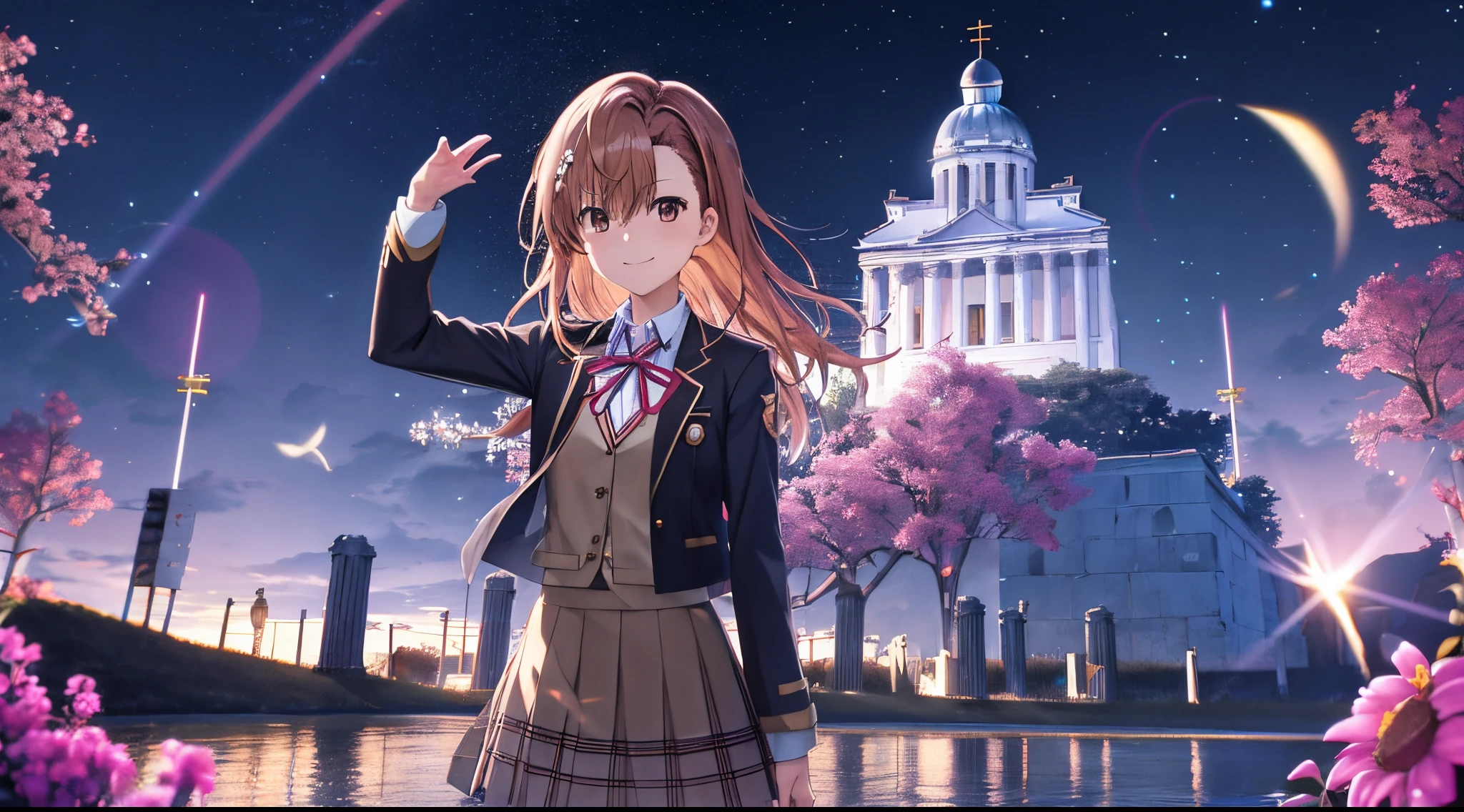 Anime view of Misaka mikoto, 1girl, teen girl, kawaii, solo, chestnut hair, hairpin,brown eyes, standing, looking at viewer,smile,school coat,praying beads on neck, long skirt,flower fields in greek Acropolis waterfalls,night sky nebulae,anime style,deep depth of field,wide angle view,Lumen Reflections,Screen Space Reflections,Diffraction Grading,Chromatic Aberration,GB Displacement,Scan Lines,Ray Traced,Anti-Aliasing,FXAA,TXAA,RTX,SSAO,Shaders,OpenGL-Shaders,GLSL-Shaders,Post Processing,Post-Production,cell Shading,Tone Mapping,CGI,VFX,SFX,insanely detailed and intricate, 4K