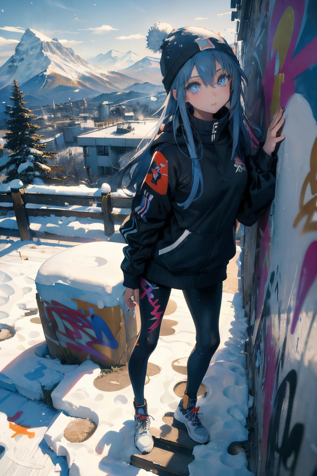 (​masterpiece:1.2、top-quality)、(graffiti wall:1.2)、1lady、Beanie、jaket、leggins、blue eyess、full body Esbian、yogapose、Down jacket、snowy background、snow mountains、