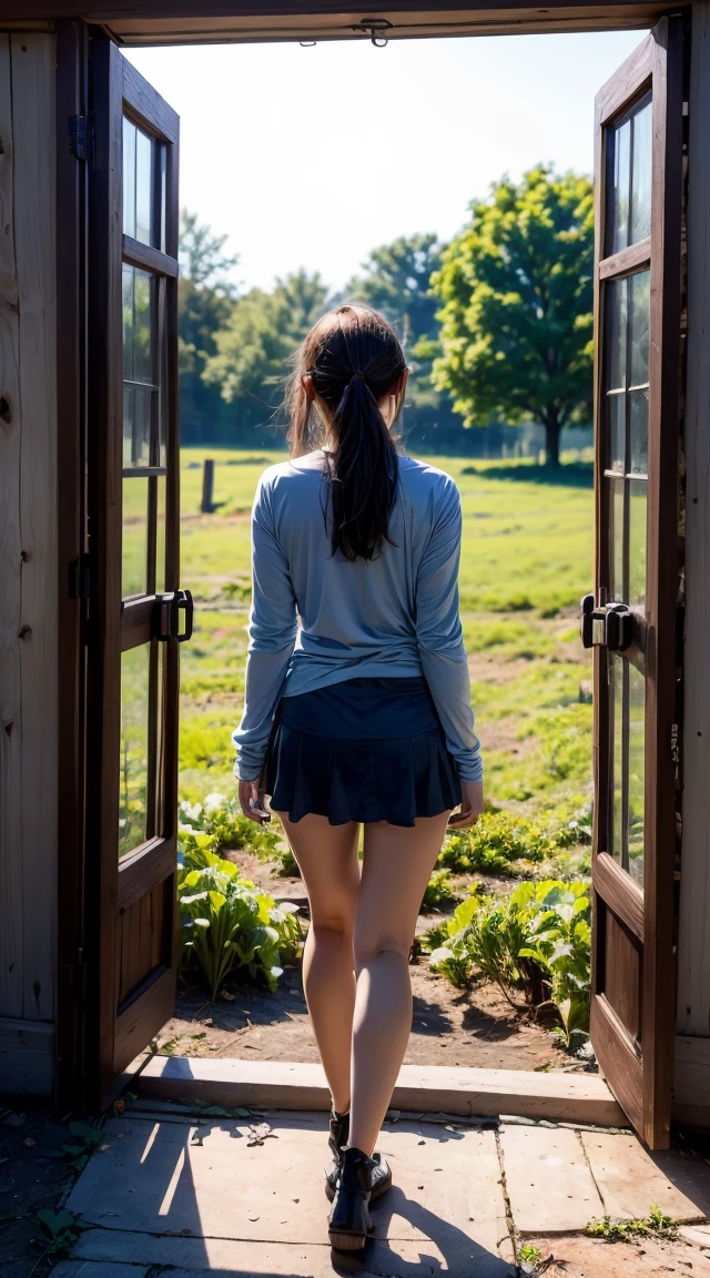 a teenager wearing a short jeans skirt and a long-sleeved white and blue striped t-shirt, comfortable casual, standing at the end of the backyard, (eerie aura) opens a mysterious iron door, (Silence and emptiness surround the farm, an atmosphere full of nostalgia and mystery)