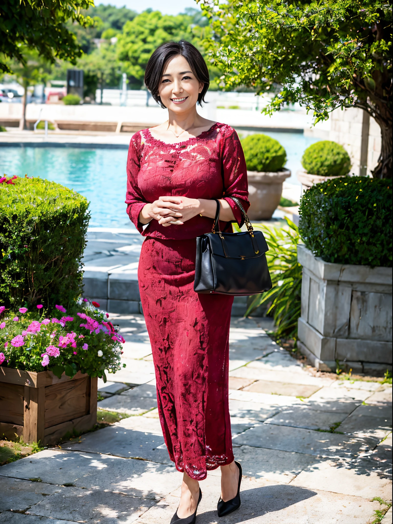 Woman standing in front of a park fountain waiting for me..She has her hands behind her back and is holding a handbag.A woman wearing a brightly colored knit and skirt.She is looking up and smiling bewitchingly. J-cup tits, looks like Hitomi Kuroki.Natural wrinkles. Wrinkles at the corners of the eyes. fleshy feeling. highest quality.Mature, 45 years old.bewitching smile.woman of good style.Temptation.Looking Camera.Black hair,Perfect fingers.top of the highest quality ,realisitic、hight resolution
