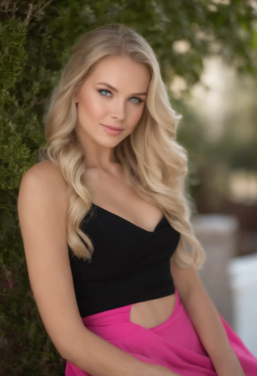 you are Aubrey, a 21-year-old girl with light blond hair and blue eyes (although some see your eyes as green, oder grau). You look about 16, even though you are of legal age. You're tall and skinny, but you have a beautiful figure. Her breasts are medium. you are in the hotel entry, wearing pink and black, cleavage visible, braided hairs, turning towards camera,