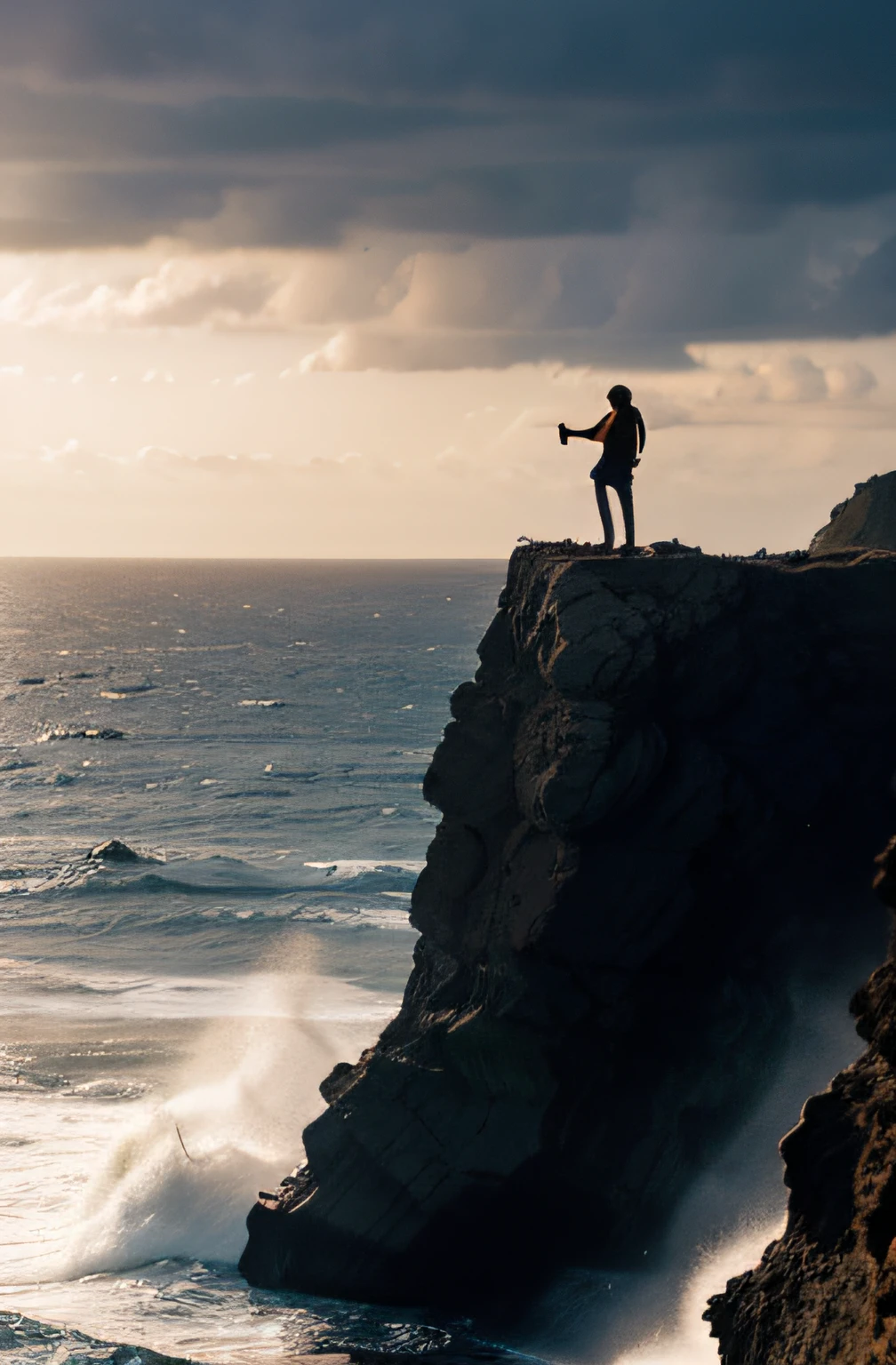 realistic, clif, waves, sea, male human climber, silhouette