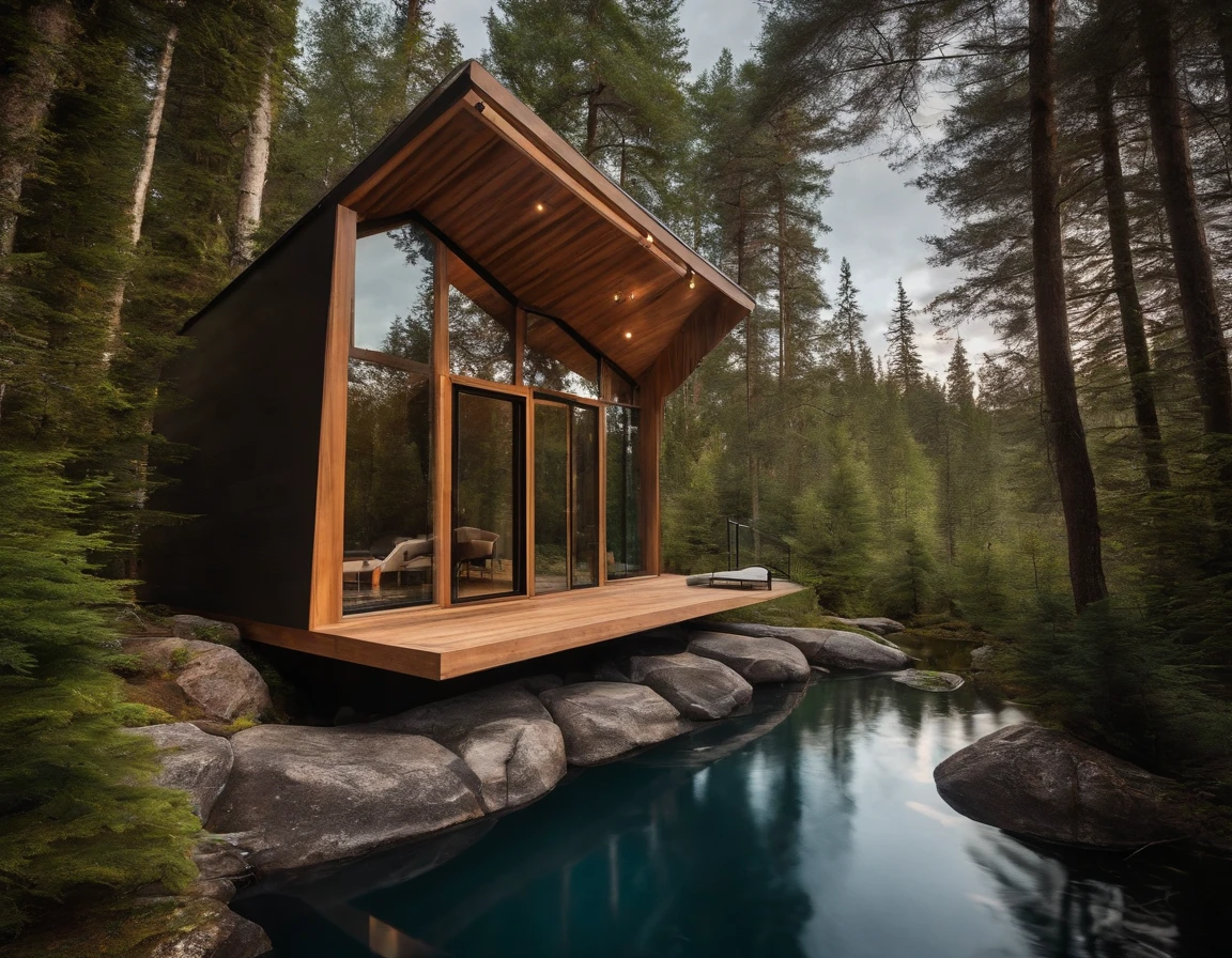 Exterior view of a tiny house in a Scandinavian nature, standing wood panel, panorama glass windows, forests, waterfall inside atrium, rocks, natural pond of water, futuristic, modern, large terrass