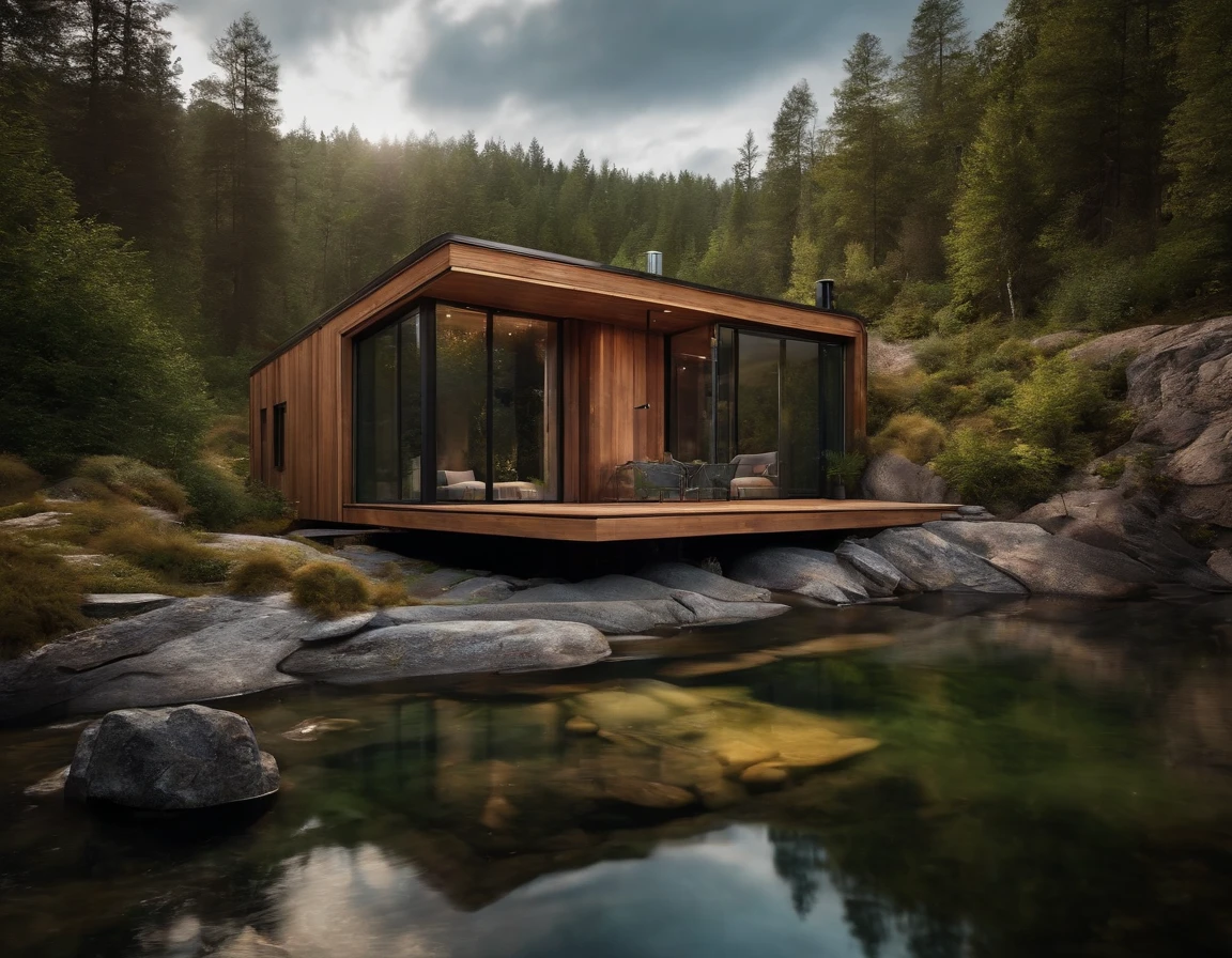 Exterior view of a tiny house in a Scandinavian nature, standing wood panel, panorama glass windows, forests, waterfall inside atrium, rocks, natural pond of water, futuristic, modern, large terrass