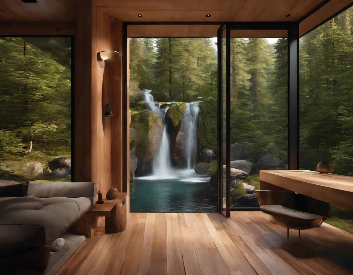 Exterior view of a tiny house in a Scandinavian nature, standing wood panel, panorama glass windows, forests, waterfall inside atrium, rocks, natural pond of water, futuristic, modern, large terrass