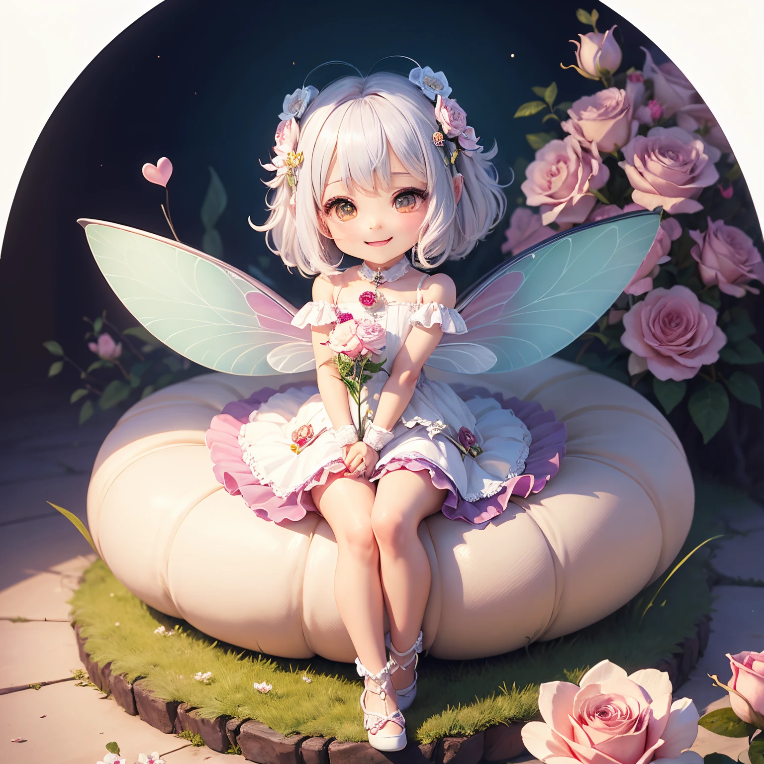​masterpiece、top-quality、ultra-detailliert、(Chibi Chara Fairy:1.2)、Heart motif、Inome、white  hair、Open your mouth and smile、Standing、Climb on a realistic rose flower
