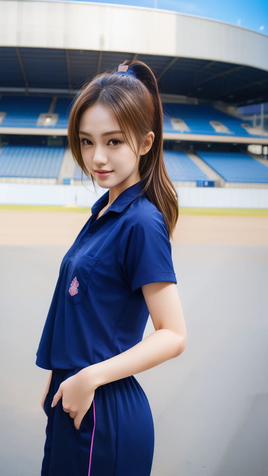(bestquality,10,10,highres,masterpiece:1.2),ultra-detail,(Realistic,photorealistic portrait,photo-realistic:1.37),1 Cute girl in the football field,oily shiny skin,bara,light smile,BDclothes,((blue shirt:1.3)),short sleeves,Shirt, trousers.,(navy_long_Pants Track:1.1), ((Stadium Background:1.3)),dynamic angle,excited,face focus,Dynamic Poses,from behide,Ass Focus,masterpiece, bestquality, ultra realistic, hyper-detail, 8k resolution, RAW photo, crisp focus, ((Navy blue shirt:1.1)), short sleeves, Long Path, Perfect body, 2 mature women, 18yo, cinematic light,Blue sweatpants,Gymware,Correct anatomy,Complete body, Correct body, sharp face, Anatomically correct body, full entire body, Realistic gestures, long-haired, Realistic poses,Wear long shorts..,Long leg span,Shapely,Sculpting Girl, Two girls kissing , Realistic kissing, Beautiful body, Shapely