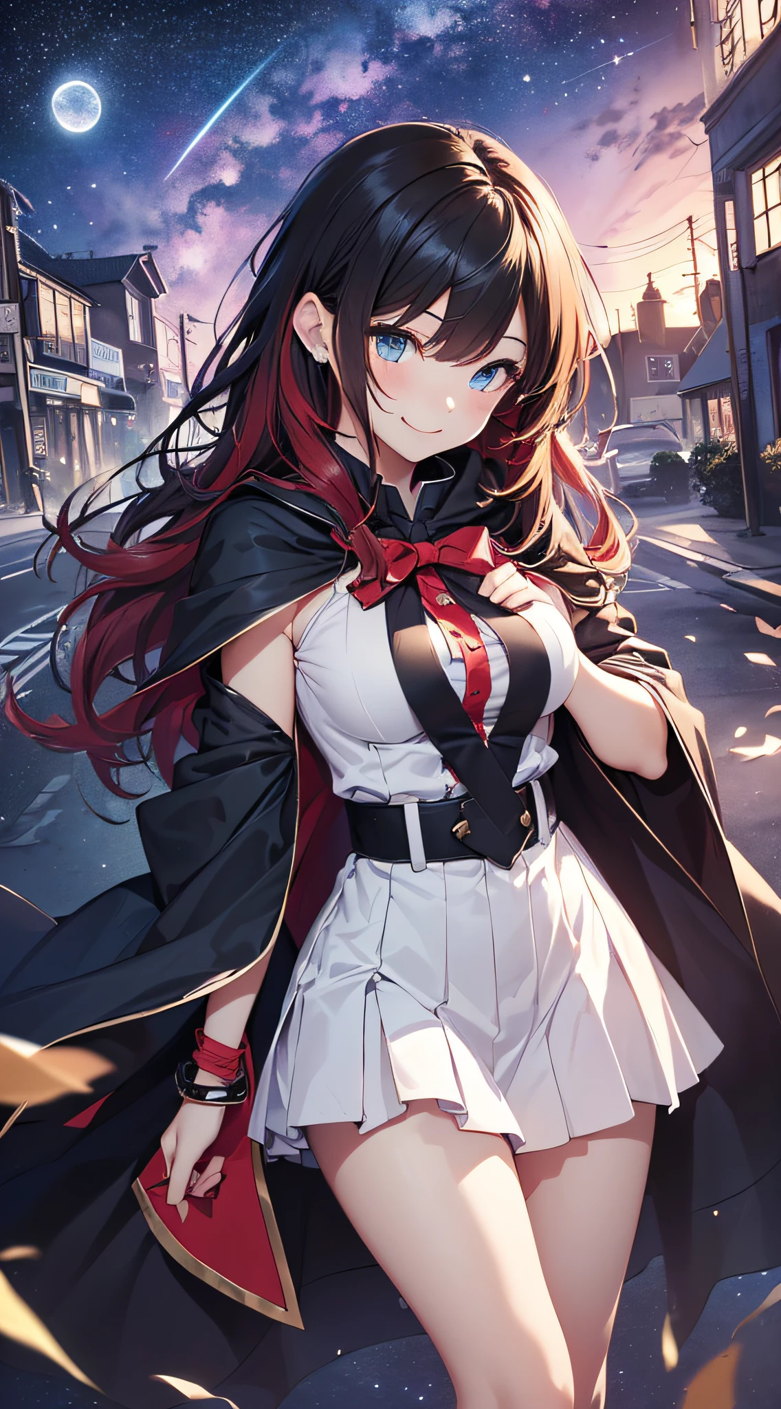 zPDXL、zPDXLrl、zPDXLxxx、source_anime、y_d、Highest quality、masterpiece、4K、No correction、Perfect lighting、Ray Tracing、glistening shiny、Soft Illumination、Global Illumination、Very aesthetic、anime、Detailed face、Detailed eyes、Super detailed、DisorganizedBREAK (rapidef、Red eyes、Brown Hair、Long Hair、bangs、Big Breasts:1.1)、beret、Black jacket、Cropped jacket、Red tie、gloves、Black Shirt、belt、Knee socks、 BREAK 1girl、solo、(Detailed Background:1.3)、Dynamic Angle、Dutch Angle、Upper Body、1:From the side、Clear Face、(Expressionless:1.5)、Shut your mouth.、Look at the viewer、(Covered nipples:0.8)、、Outdoor、Bright Sky、Glowing Skin、Curvaceous Body、Slender body、（Saggy breasts：0.3）、is_pretty、clear
