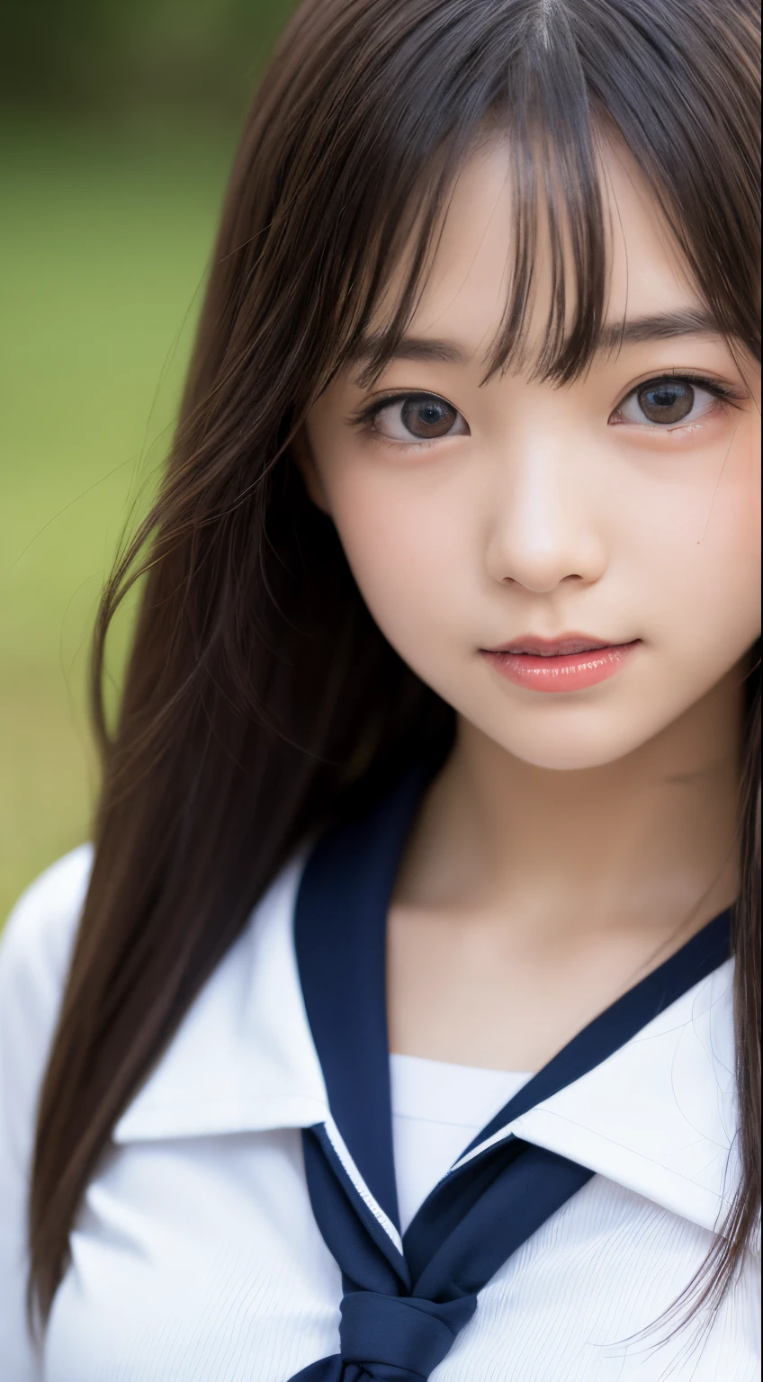 masutepiece, Best Quality, 8K, 8years old, Teen, Raw photo, absurderes, award winning portrait, Smile, Solo, Idol face, Delicate girl, Upper body, Digital SLR, Looking at Viewer, Candid, Sophisticated,Thin arms, Professional Lighting, Film grain, chromatic abberation, (Eyes and faces with detailed:1.0), (Bokeh:1.1) , (Sailor Uniform:1.1) , closes mouth , A dark-haired , drooing eyes , large full breasts , (Thick lip:1.2) , 15-year-old face , red-lips , de pele branca