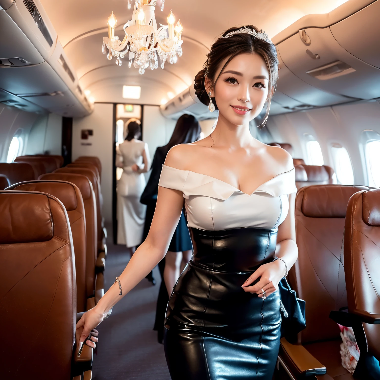 ((top-quality、masutepiece、8K、Top image quality、Hyper-Realism))、(1 photo:1.5)、((1 female stewardess、walk gracefully down the aisle、cowboy  shot、Take a photo of her from the waist up))、(Photo from the waist of a woman:1.5)、(Female upper body photo:1.5)、((The background is an airplane aisle、The floor is the highest quality carpet、intricate and luxurious decoration、The most luxurious and luxurious interior、The most luxurious and exclusive airplane interiors、luxurious royal interior))、(Crystal Chandelier:1.5)、(Top quality leather seats:1.5)、(The most gorgeous royal interior:1.5)、(she&#39;s walking down the perfect aisle:1.5)、(The perfect stewardess uniform:1.5)、(Exposing the forehead、chignon:1.5)、hyperdetailed face、large full breasts、The Biggest Smile、white big teeth、Perfect makeup、long eyelashes、View me、smile your best smile、perfect anatomia