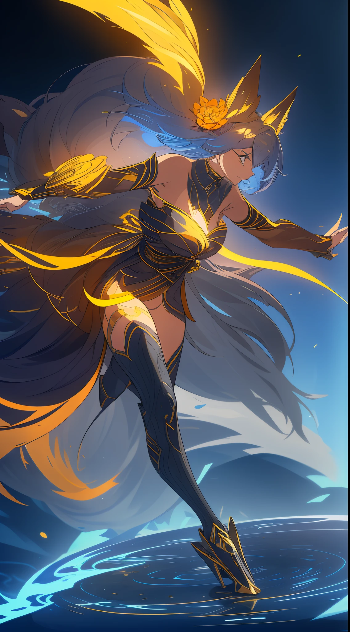 （（Wearing black and gold armor）），（gem outfit ），（Octane rendering 1.1 ），（（The body is wrapped in a blue-gray phantom）），（（Game skin design drawing）），（girl fox），Raised sexy，Blue flames are flying everywhere，feminine expression，Dancing in the air