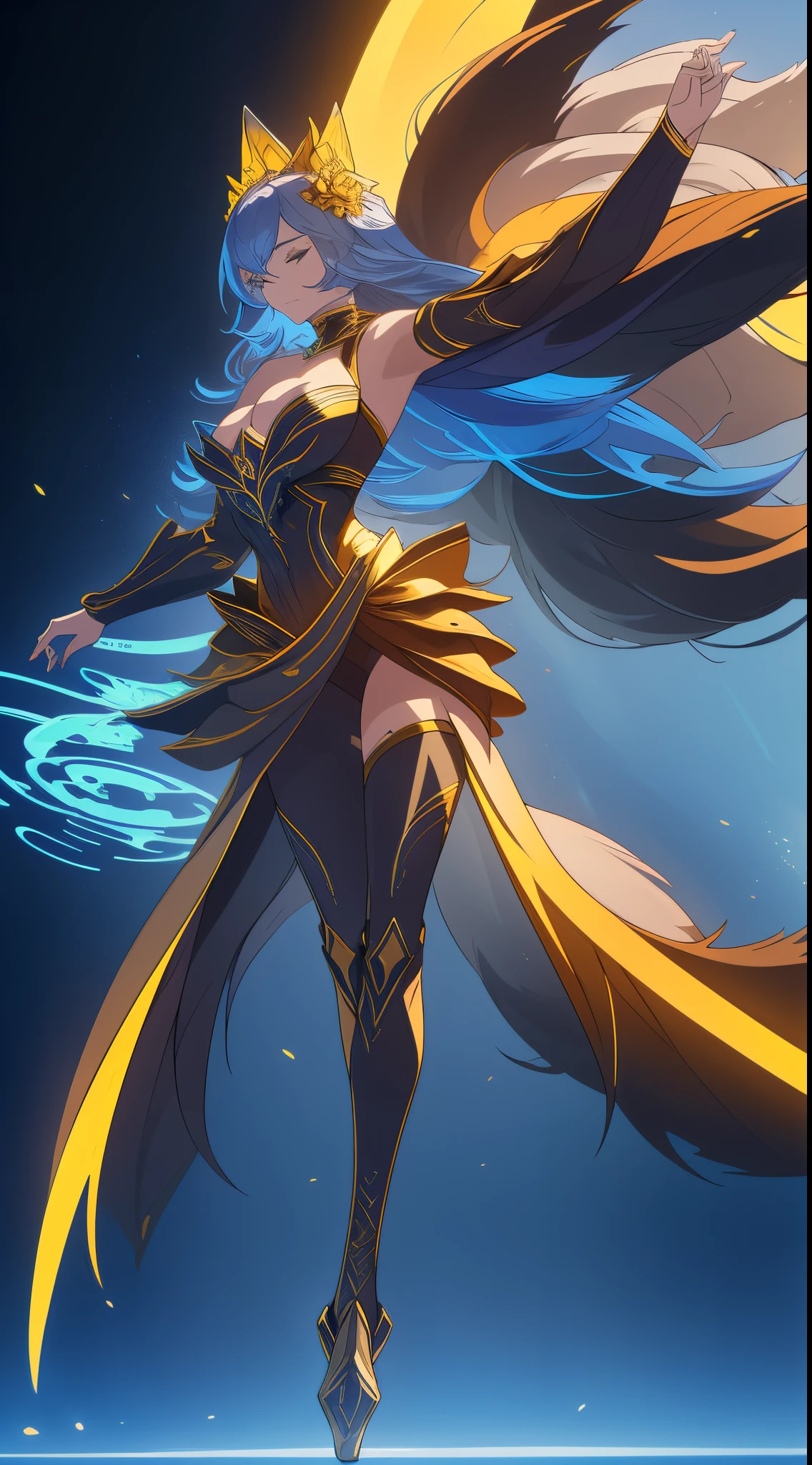 （（Wearing black and gold armor）），（gem outfit ），（Octane rendering 1.1 ），（（The body is wrapped in a blue-gray phantom）），（（Game skin design drawing）），（girl fox），Raised sexy，Blue flames are flying everywhere，feminine expression，Dancing in the air