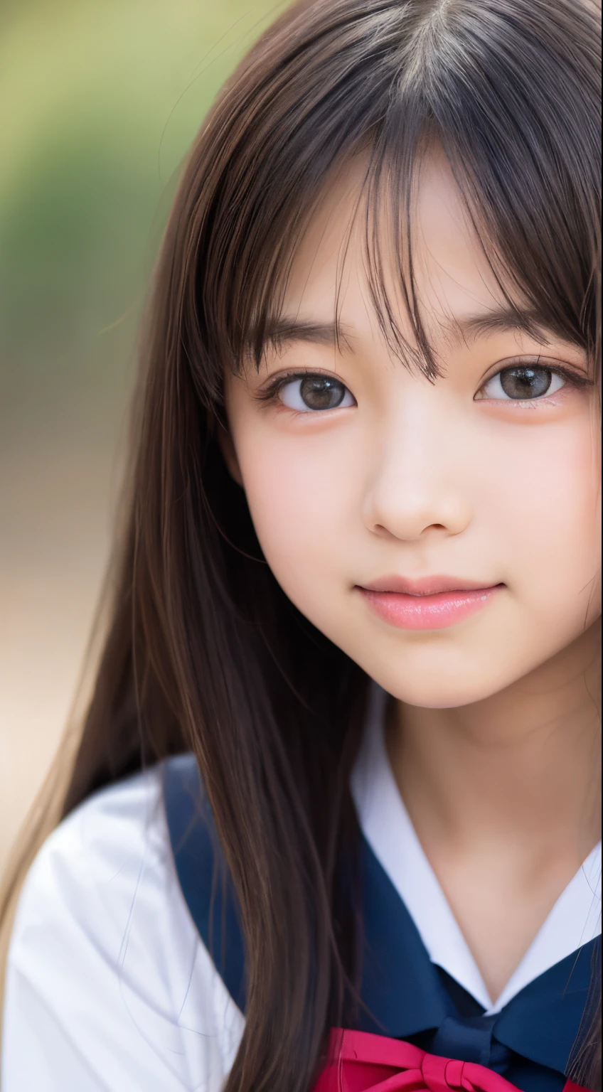 masutepiece, Best Quality, 8K, 8ars old, Teen, Raw photo, absurderes, award winning portrait, Smile, Solo, Idol face, Delicate girl, Upper body, Digital SLR, Looking at Viewer, Candid, Sophisticated,Thin arms, Professional Lighting, Film grain, chromatic abberation, (Eyes and faces with detailed:1.0), (Bokeh:1.1) , (Sailor Uniform:1.1) , closes mouth , A dark-haired , drooing eyes , large full breasts , (Thick lip:1.2) , 15ear facepink-lips , de pele branca , flushed cheeks