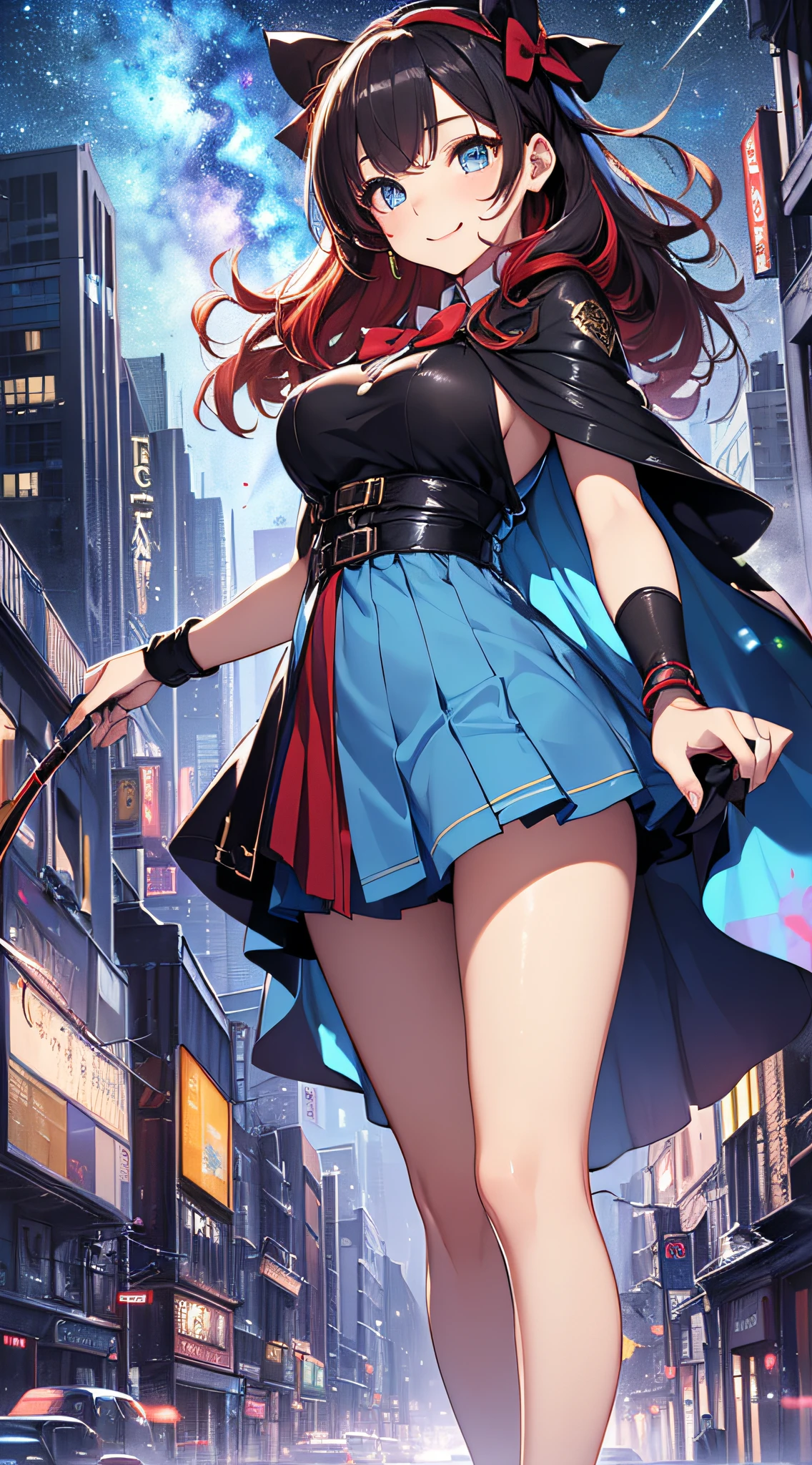 top-quality、Top image quality、​masterpiece、girl with((、teen ager、cute lit Bust、big bast,Beautiful blue eyes、Breasts wide open, Dark hair、red hairs、Longhaire、A slender,Large valleys、,black and school uniform、A smile、floating state、blue cloak、Black wristband、bare-legged、holding bow and arrow)),hiquality、Beautiful Art、Background with((space night sky、City of Concrete、Red Sea)))、,masutepiece、visualart、depth of fields、