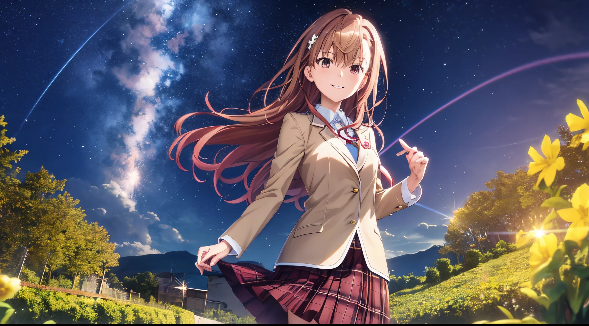 Anime view of Misaka mikoto, 1girl, kawaii, solo, chestnut hair, hairpin,brown eyes, standing, looking at viewer,smile,school coat,praying beads on neck, long skirt,flower fields in greek Acropolis waterfalls,night sky nebulae,anime style,deep depth of field,wide angle view,Lumen Reflections,Screen Space Reflections,Diffraction Grading,Chromatic Aberration,GB Displacement,Scan Lines,Ray Traced,Anti-Aliasing,FXAA,TXAA,RTX,SSAO,Shaders,OpenGL-Shaders,GLSL-Shaders,Post Processing,Post-Production,cell Shading,Tone Mapping,CGI,VFX,SFX,insanely detailed and intricate, 4K