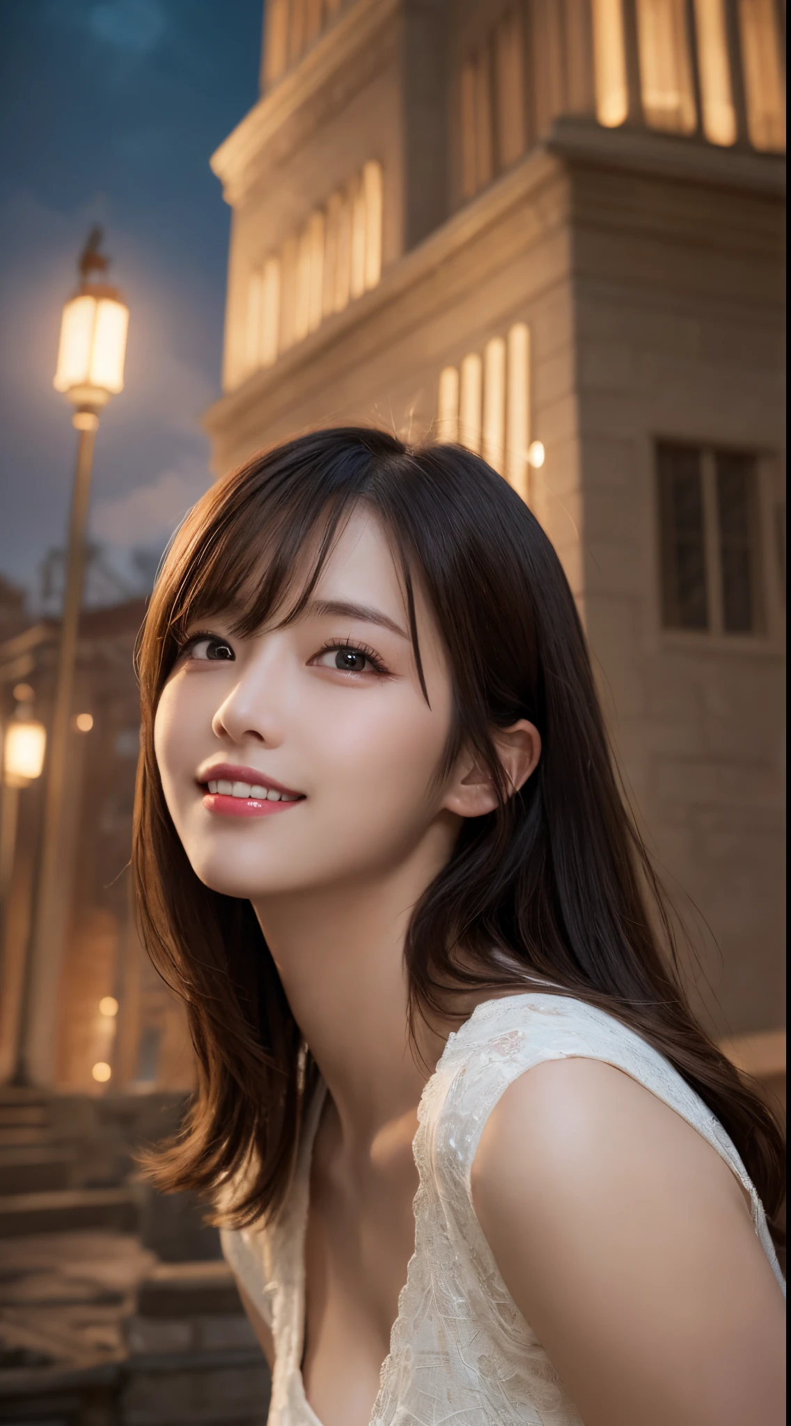 masutepiece, Best Quality, Illustration, Ultra-detailed, finely detail, hight resolution, 8K Wallpaper, Perfect dynamic composition, Beautiful detailed eyes, doress,Medium Hair, mid-chest, Natural Color Lip, Random and sexy poses,Smile,Tower Mansion,Cinematic lighting