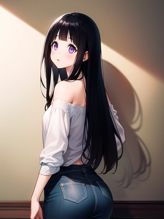 (A superb exquisite Chitanda Eru), purple eyes, long black hair, natural straight hair, straight bangs, solo, (Small_breasts: large_breasts: 0.5), (art museum, looking back over shoulder, paintings on wall), casual clothes, embarassed, extremely delicate, peerless beautiful girl, dreamy quality, exaggerated facial features, solid color, delicate face, bright lips, slender waist, soft curves, real light and shadow, super fine, 8K HD, natural moving, (masterpiece:1.4), (finely detailed beautiful eyes: 1.2)