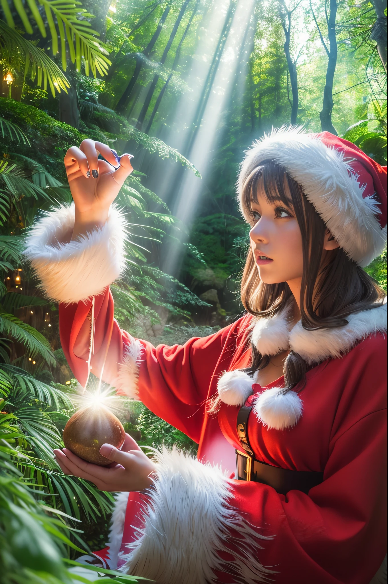 (Raw photo:1.2), (Photorealistic), Beautiful detailed girl, Very detailed eyes and face, Beautiful detailed eyes, Huge file size, High resolution, Very detailed, Best Quality, [masutepiece:1.6], Illustration, Very detailed, Fine detail, Best Quality, 8K Wallpaper, Movie Lighting, santa claus woman, Use magic in Ghibli Forest,  light magic, tropical rainforest,Beautiful face,  Santa Claus Dress, Santa Claus hat, mystical forest, A ray of light