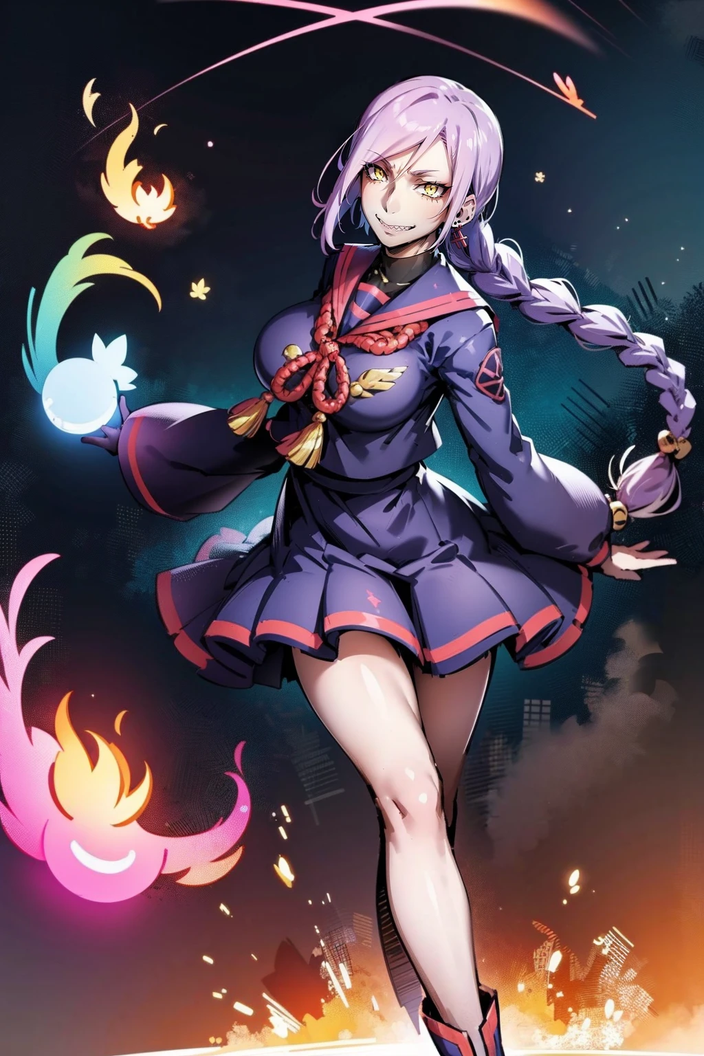 girl, solo, looking at viewer, cowboy shot, hand arms full body,boots, standing,cute,breast, curvy, female,fantasy goddess,there is a cartoon picture of a woman with a very large breast, glowing divine being, glowing holy aura, inspired by Luma Rouge, the non-binary deity of spring, ethereal rainbow nimbus, the butterfly goddess of fire, inspired by Mariel, glowing aura around her, astral wind, as the goddess of the saturn, “uwu the prismatic person, big breast, serious, beautiful eyes, , full body, walking, long robe, long dress, ,priestess ,holy, smile, god rays, ray tracing, sparkle, cinematic lighting, UHD, retina, masterpiece, ccurate, anatomically correct, textured skin, super detail, high details, high quality, award winning, best quality, highres, 1080P, HD, 4K, thunder aura, light aura,full, snak staff,closed mouth #re:creators #maggane chikujoin: chikujoin magane sharp teeth single braid school uniform serafuku pleated skirt thighhighs gloves earrings Version No.:, long skirt, sharpteeth smile, pullover,tunic, standing, posing
