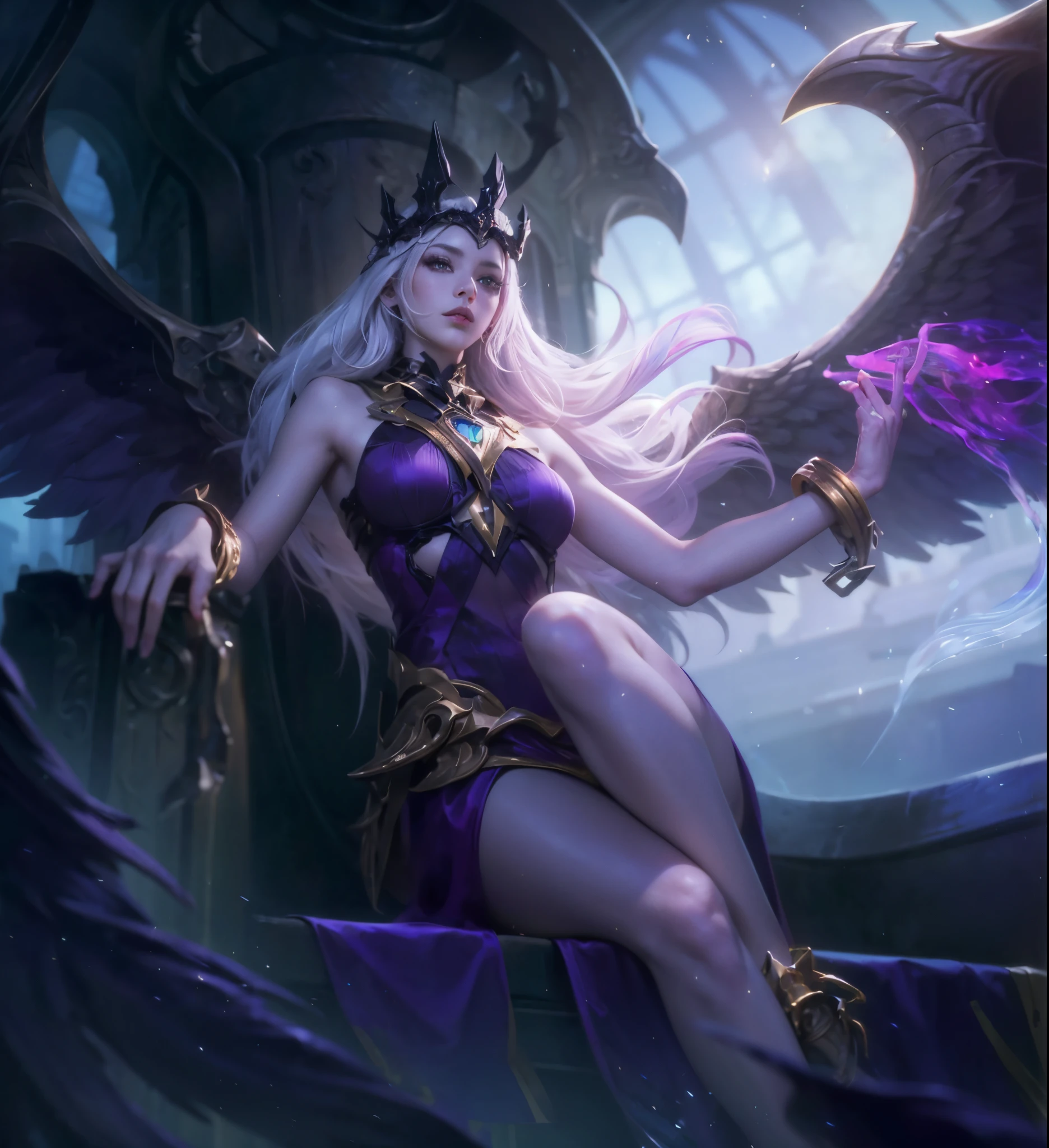 (max resolution: 1.2), (Ultra HDTV: 1.2), 8K resolution, Eye and skin details, facial details, , (Sharp focus: 1.2), (Peak focus: facial features: 1.2), 1 girl, random pose, (Long hair with black crown), White hair, Looking towards the viewer, dark outfit, black angel wings, full camera, full body, panoramic view of the character