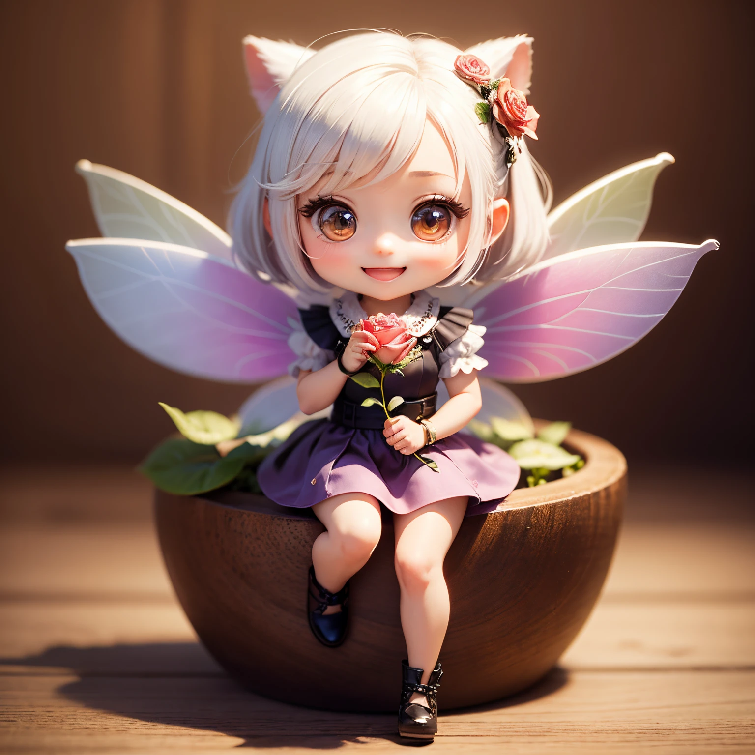 masterpiece、top-quality、ultra-detailliert、(Chibi Chara Fairy:1.2)、Heart motif、Inome、white hair、Open your mouth and smile、Standing、Sit on a realistic rose flower