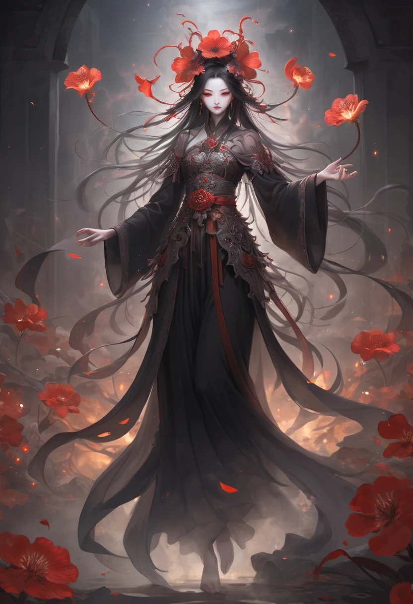 When the moon turns red and black tears flow、The gates of hell are opened and you can hear the roar of Cerberus。The eyes of a beautiful woman with black hair flickered ominously、Staring at the sins of the iniquitous。The dress on a black background is embroidered with delicate and intricate designs.。Detailed drawing。Vibrant colors。high-level image quality。