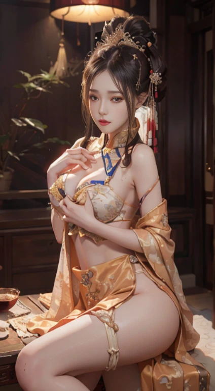Araki's woman sitting at the table, palatial palace , a girl in hanfu, (((No bra, showing chest))), Tight, Half is covered with senior Chinese clothes, Sexy Hanfu, Chinese Style Bra , Traditional beauty, ancient chinese princess, China Princess, In the aesthetics of ancient China, a beautiful fantasy empress, traditional chinese, Chinese Woman, 4k、8k、Raw photography、top-quality、High-quality photos、Convoluted、(Breast exposure、cleavage of the breast)、Pensive expression、Cinematic lighting, dark shot, Dramatic Lighting, Rim Light, side lights.