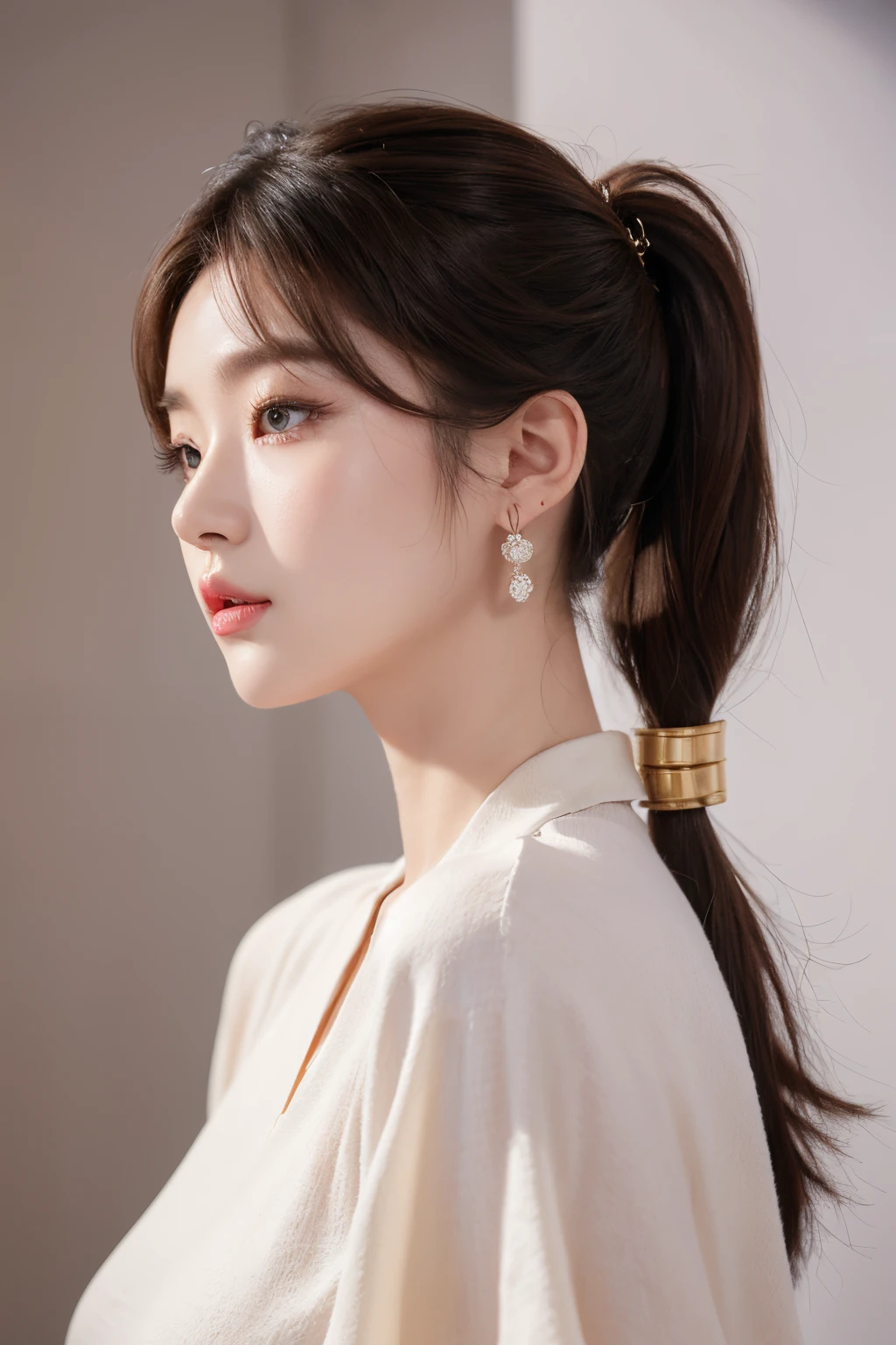 1girl, 175cm,korean kpop idol and model, 22 years old,soft body, close-up, 8k, RAW photo, best quality, masterpiece,realistic, photo-realistic,sweet , cute,A beautiful woman ,Liuhai hairstyle,ponytails hairstyle , large earring ,