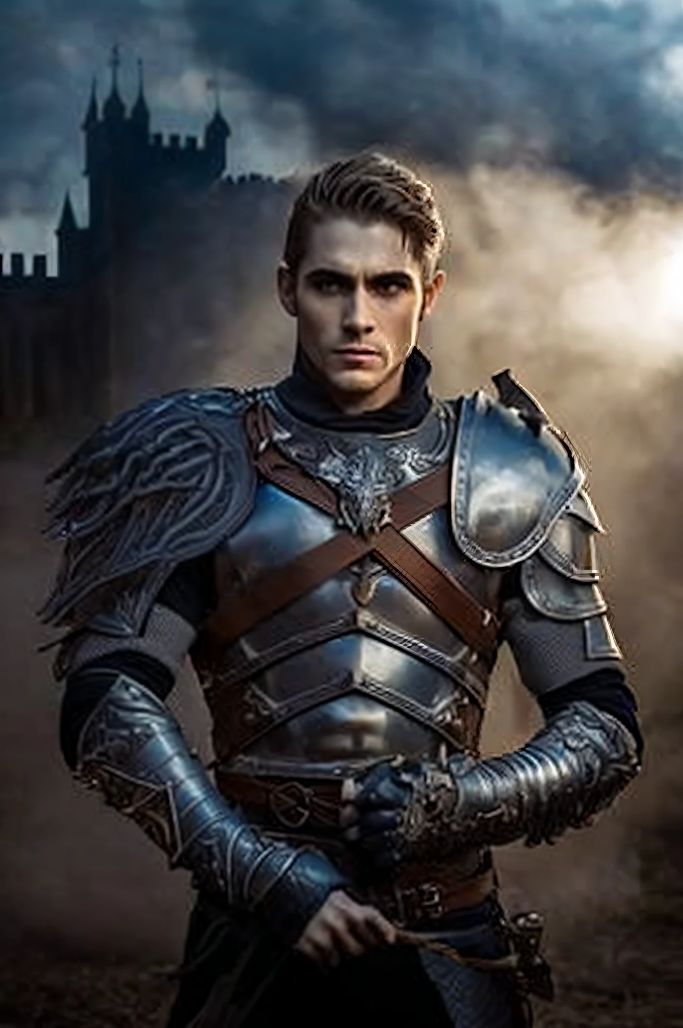 homem arafiado de armadura em frente a um castelo, macho atraente com armadura, em armadura de couro, cavaleiro medieval masculino robusto, Arsen Lupin como um paladino, usando armadura de couro, atraente macho de carne com armadura, guerreiro de fantasia em armadura completa, usando armadura de fantasia, como um personagem de fantasia medieval, usando armadura de couro cravejada, armadura de prata do guerreiro masculino