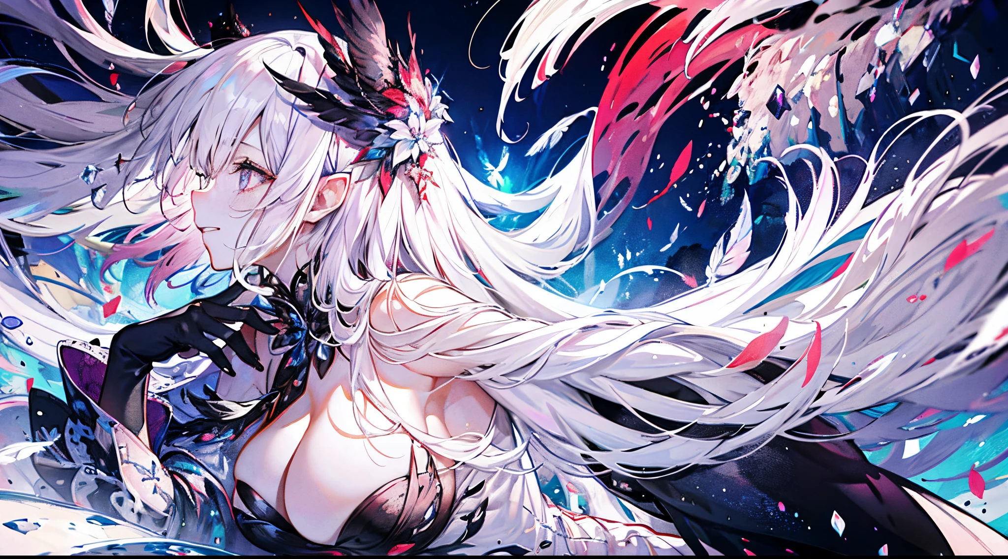 （（tmasterpiece：1.4，Best quality））+，（hyper-detailing）+，（Ultra-detailed eyes）+，（winged ears，pointy ears：1.5），
（cute girls），18yr old，（Red pupils：1.15），cabelos preto e longos，White ponytail，Bushy hair（wariza：1.2），pale-skinned，Seductive smile，crystal，white bird feathers，vacant eyes，
（She wears a conservative black and white dress，red pattern：1.5），（black colored leggings：1.4）The sleeves are long，Red bird feather headdress，Black clouds and snowy mountains，fragment crystallization ，black fingernails，red teardrop，gray cloak，black and white gloves，black long boots，Black veil，Red giant eyes，wine jugs，look at sky，hands behind body
（bird feathers：1.1），
（dawn light：1.2），
（Thick black and white：1.16），（depth of fields：1.4），Complicated details，color mixing，Detailed route，Excellent,super detailing,The content is very detailed,(hight contrast:1.11),ventania,Amazing cleavage,beautidful eyes,messy  hair,(best illuminate，Extremely Delicately Beautiful), ((movie light lighting)), (seen from the side:1.3)，8K,tmasterpiece，Best quality，cinematic Film still from，1 plump girl，floating in sky，Intertwined clouds，cloud，（Close-up cleavage：1.1），bright，cheerful，Interesting，gentlesoftlighting，（bauhause，shape，line engineering，Abstract：1.1）offcial art， Unity 8k壁纸， ultra - detailed， Beautiful and beautiful， tmasterpiece， Best quality， （dynamic angle：1.4），romantic depth of field exotic_dances，Perfect NwsjMajic，（tmasterpiece，top-quality，Best quality，offcial art，Beauty and aesthetics：1.2），The content is very detailed，rich colourful，highest details，