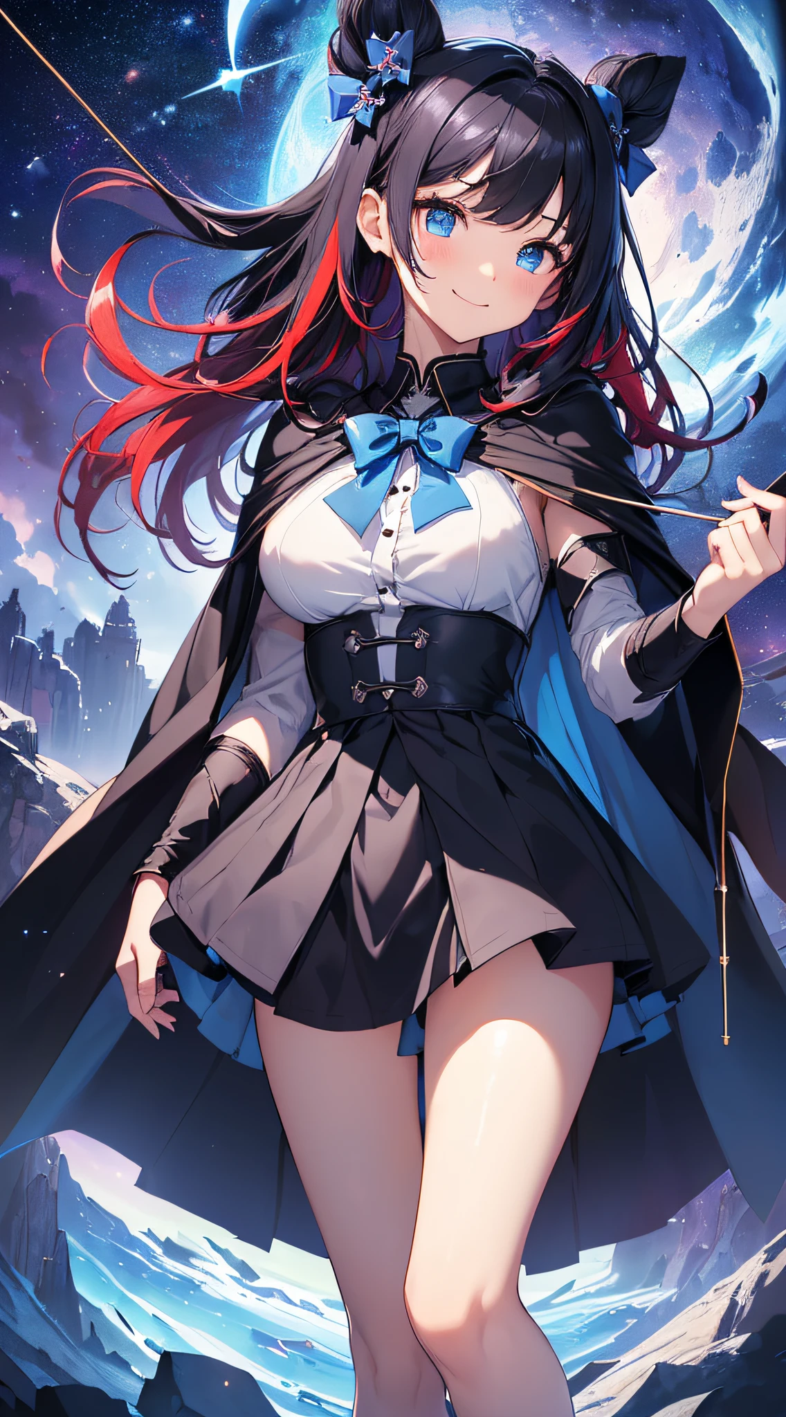 top-quality、Top image quality、​masterpiece、girl with((sixteen years old、teen ager、cute little、Best Bust、big bast,Beautiful blue eyes、Breasts wide open, Dark hair、red hairs、Longhaire、A slender,Large valleys、,black and school uniform、A smile、floating state、blue cloak、Black wristband、bare-legged、holding bow and arrow)),hiquality、Beautiful Art、Background with((space night sky、spaceships、mid air)))、,masutepiece、visualart、depth of fields、