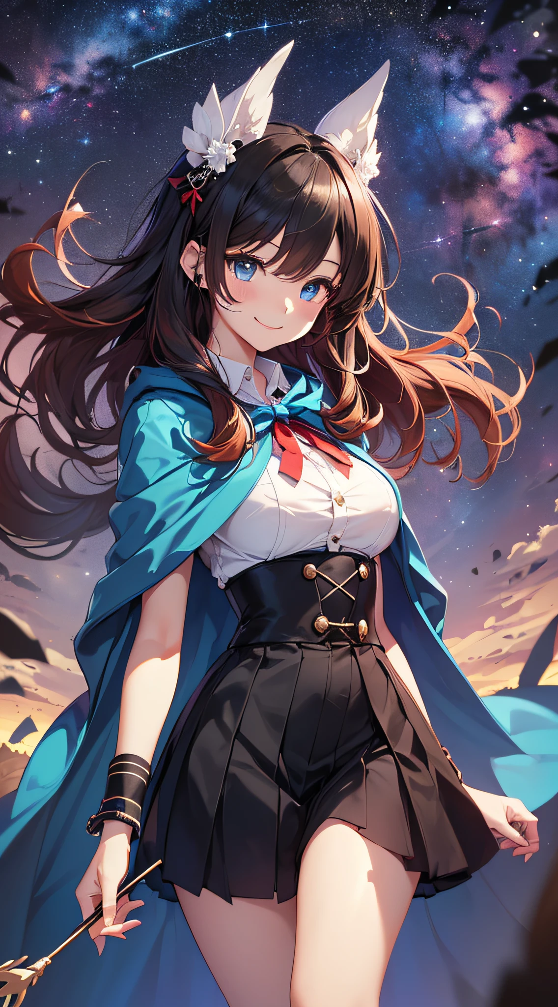 top-quality、Top image quality、masterpiece、girl with((、teen ager、cute lit Bust、big bast,Beautiful blue eyes、Breasts wide open, Dark hair、red hairs、Longhaire、A slender,Large valleys、,black and school uniform、A smile、floating state、blue cloak、Black wristband、bare-legged、holding bow and arrow)),hiquality、Beautiful Art、Background with((space night sky、spaceships、mid air)))、,masutepiece、visualart、depth of fields、