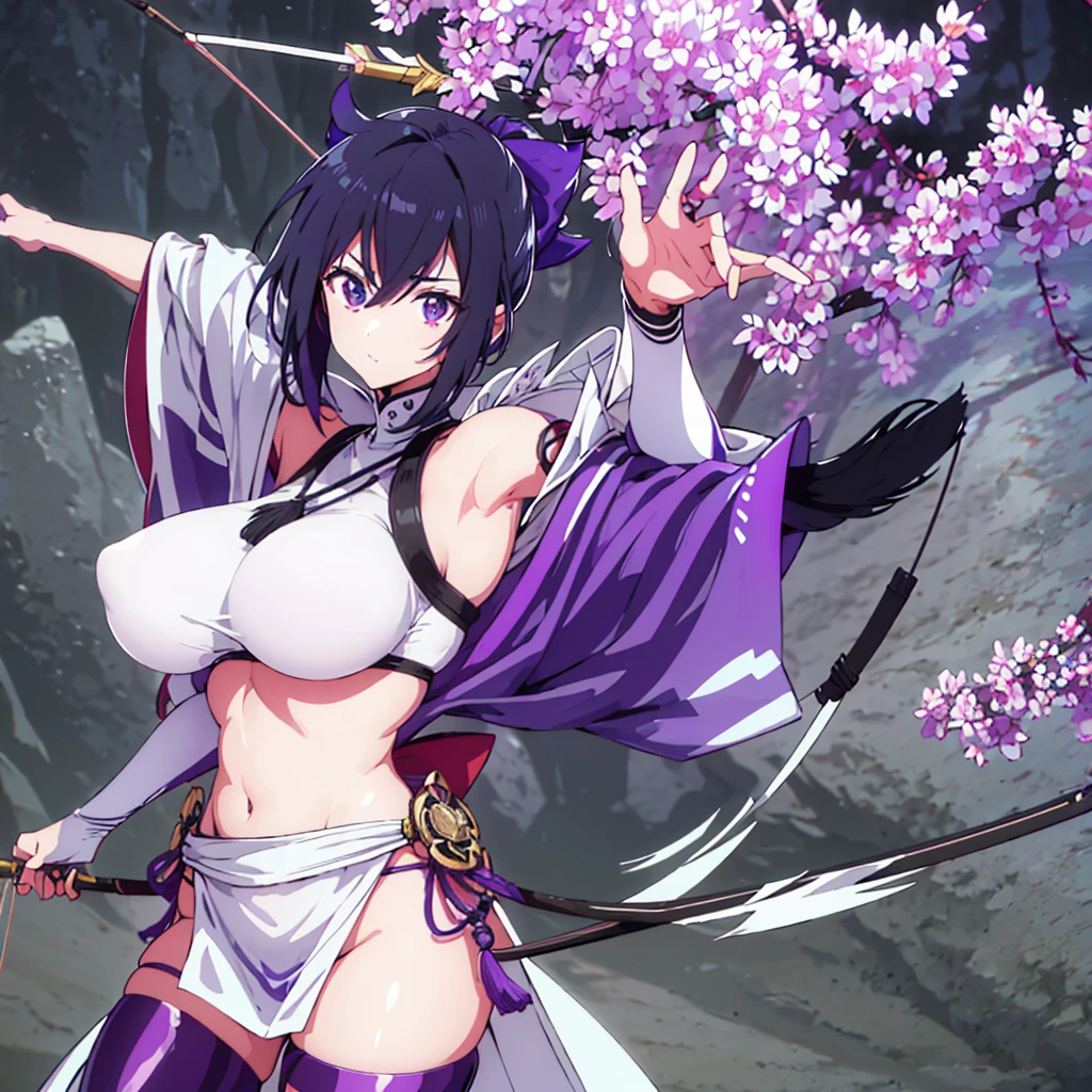 The majestic female general，Slim figure，Mature and plump，Lift up your huge breasts，no sagging，Sexy long legs，No fat at all，Wearing a purple gelcoat，A Japanese sword hangs from his waist，With a bow and arrow on his back，Wearing Japanese armor，The brilliance of motherhood is almost overflowing，Always with a kind expression